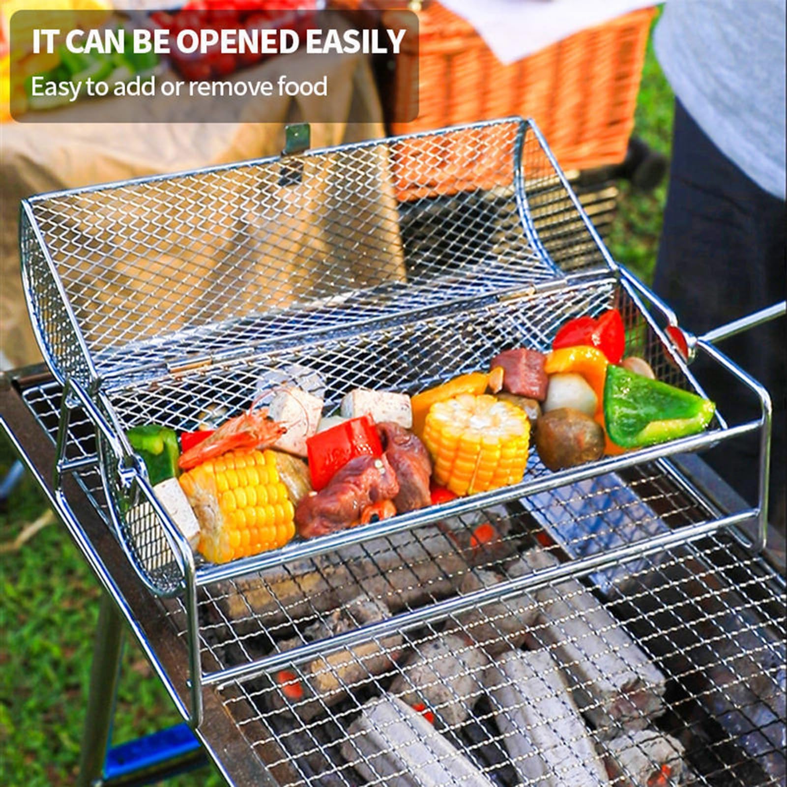 Tubo de rejilla para barbacoa de acero inoxidable - Accesorios resistentes para cestas de parrilla para cocinar al aire libre. Ideal para asar alitas de pollo y como herramienta portátil para barbaco