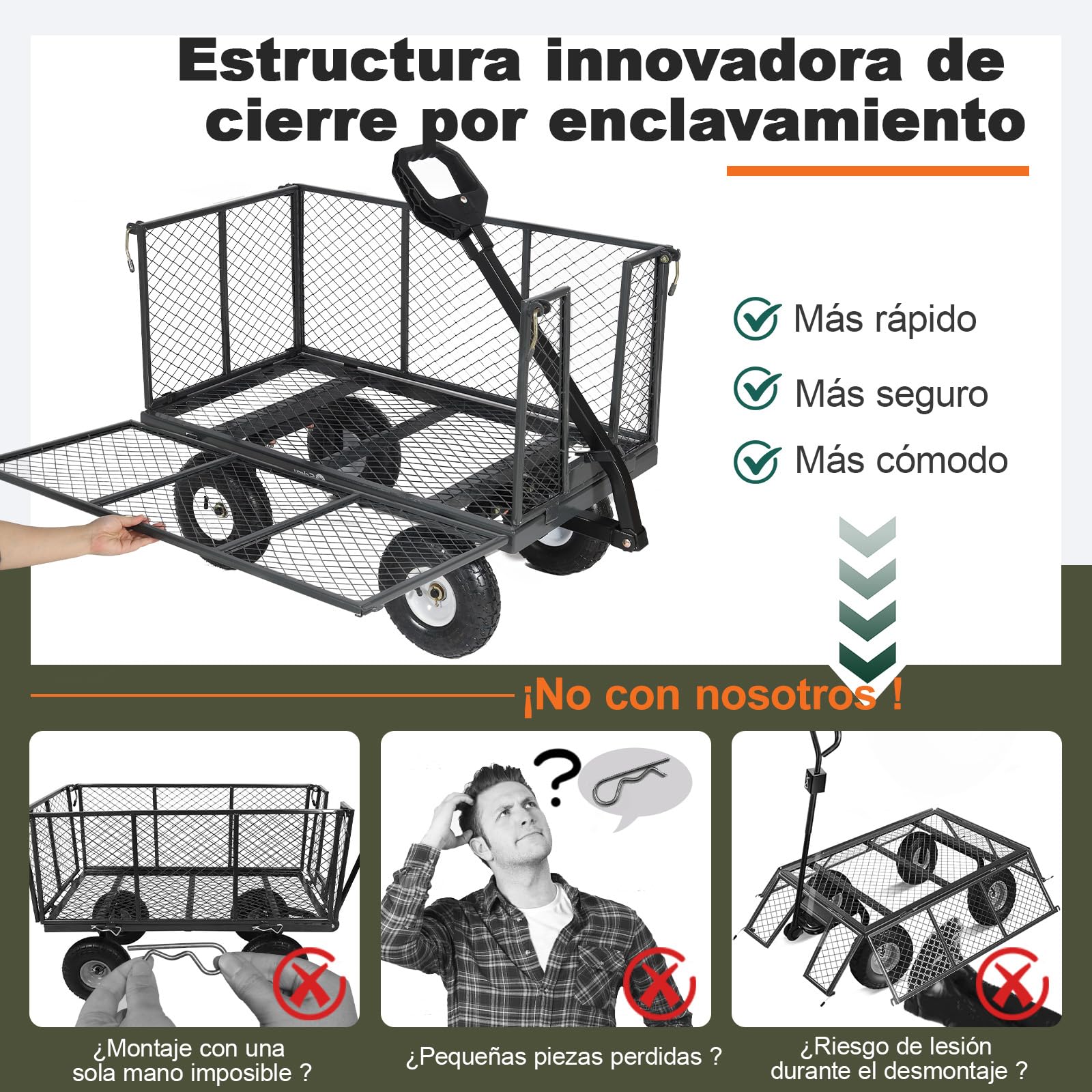 Carro de jardín Titan – Capacidad de Carga 550 KG, Carretilla de Transporte para Equipos con Mango Patentado, Neumáticos inflables de Caucho Completo, 200L, Gris
