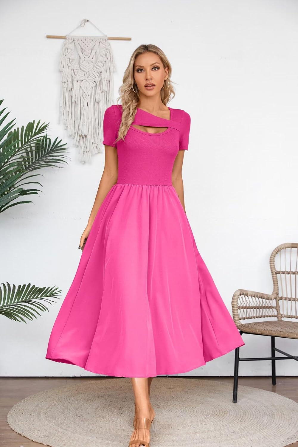 VICHYIE Womens Summer Dresses Cutout One Piece Ribbed Maxi Short Sleeve Casual Flowy A-Line Long Midi Dress - Image 3