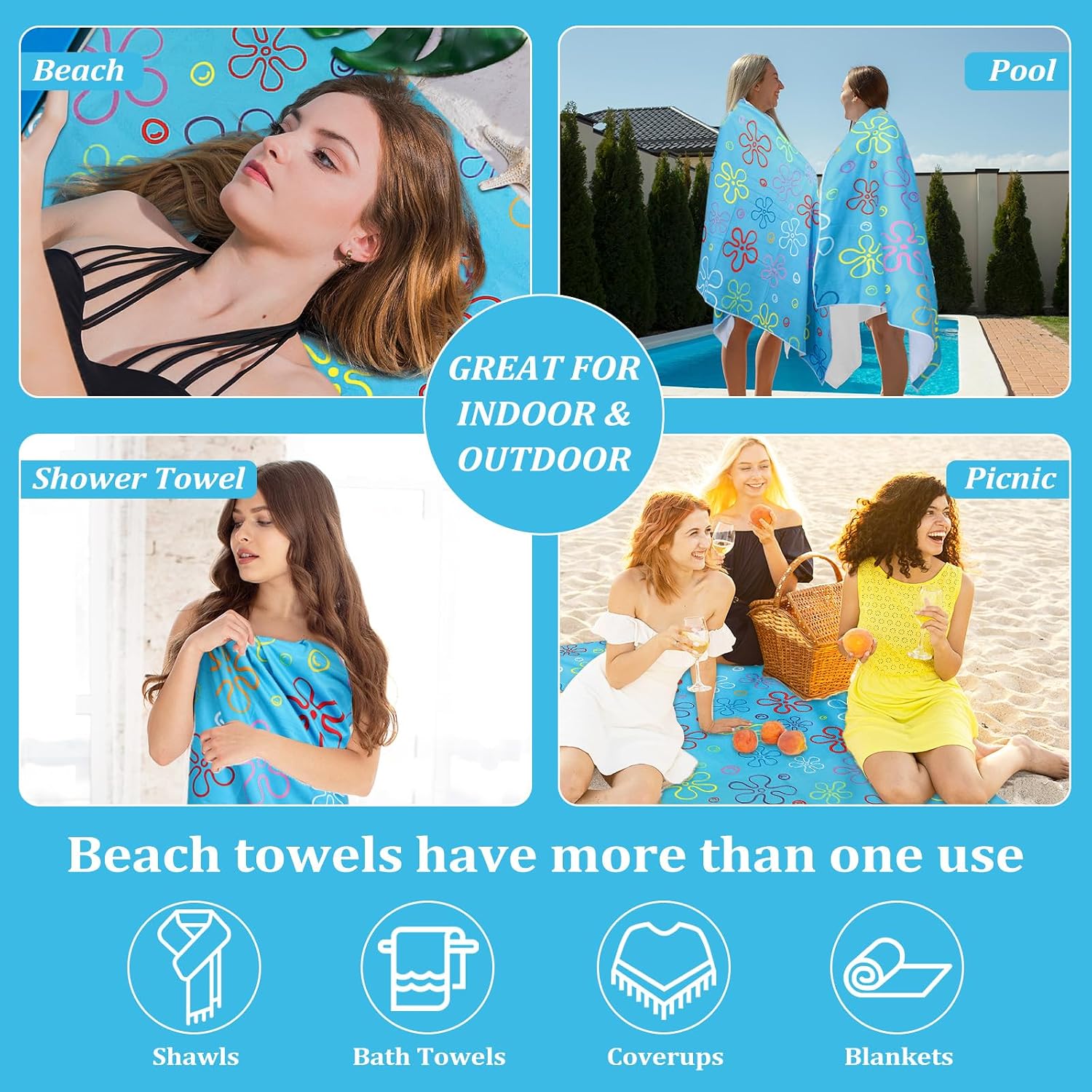 JarThenaAMCS Cartoon Sponge Oversized Beach Towel Summer Blue Bikini Floral Bubble Absorbent Bath Pool Towel for Travel Swimming Bathroom Shower Supplies, 70.9 x 35.4 Inch