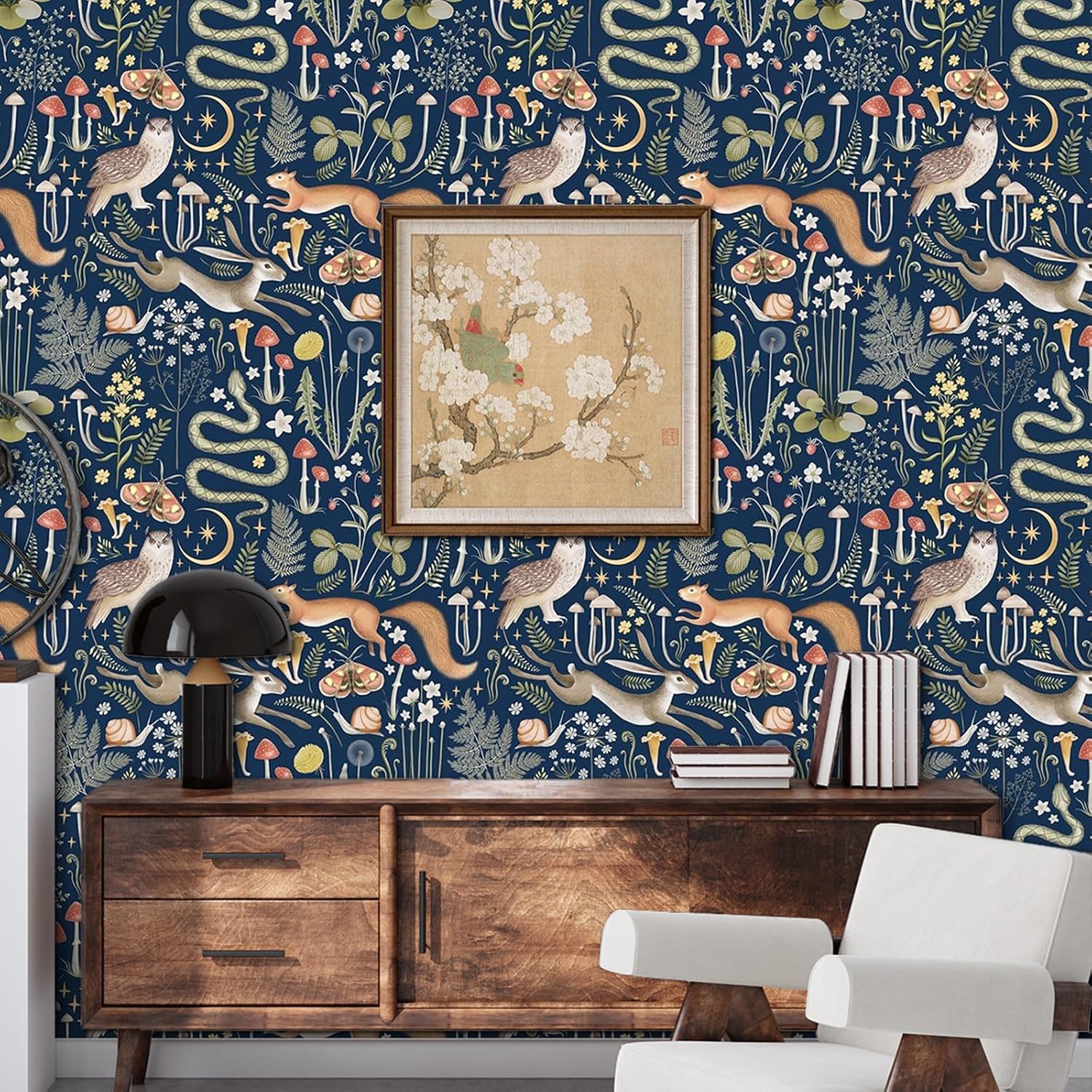 Whimsical Wallpaper Peel and Stick Self Adhesive Dark Blue Animal Vintage Vivid Owl Squirrel Leaf Mushroom Contact Paper Removable Waterproof for Bedroom Renter Friendly 17.71"x236.2"