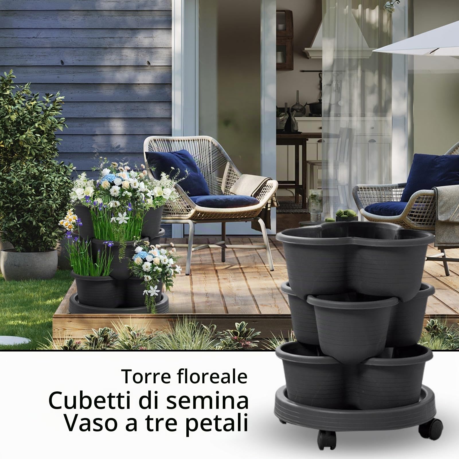 Fioriera per fragole, vaso per fragole, fioriera verticale, 3 ripiani, impilabile, con ruote rimovibili, per piante grasse, fiori e verdure