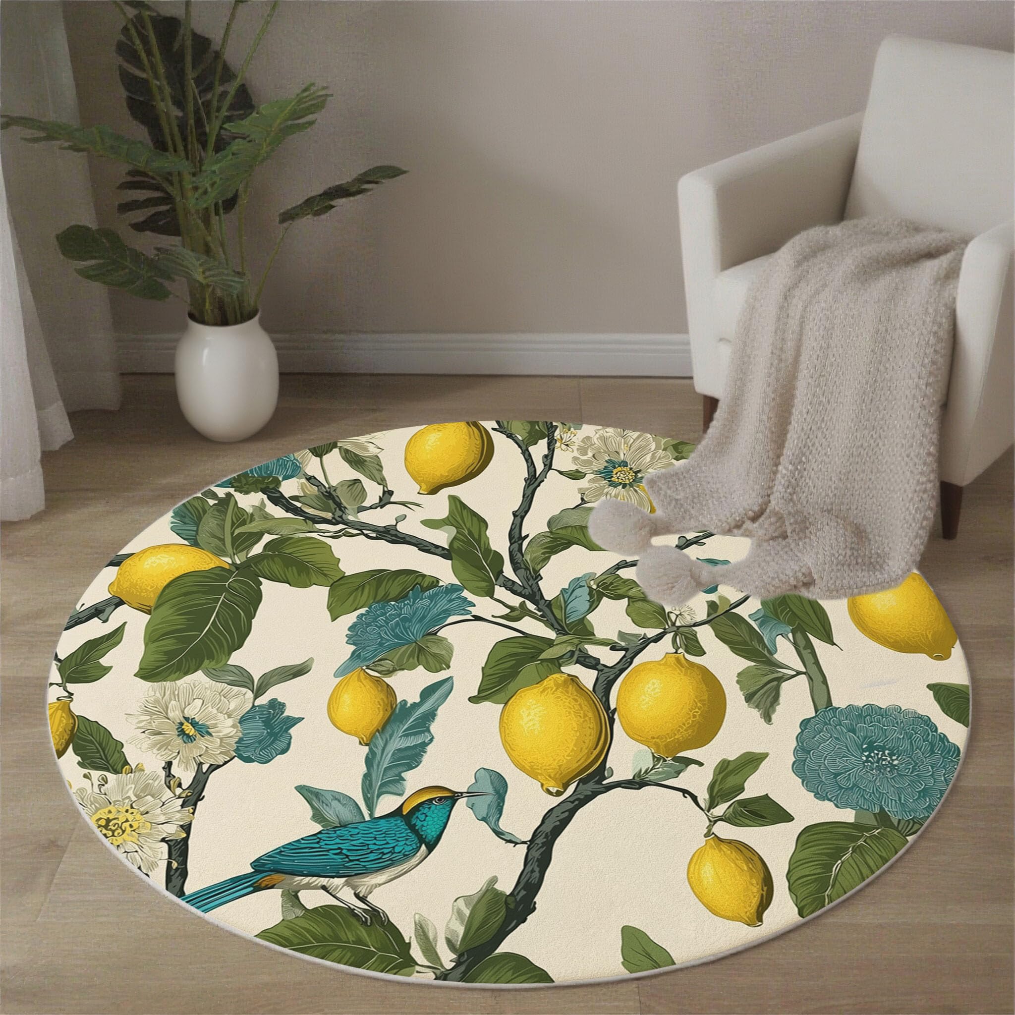 Tapis salon rond 100cm jaune d'ambiance pour réchauffer un séjour gris