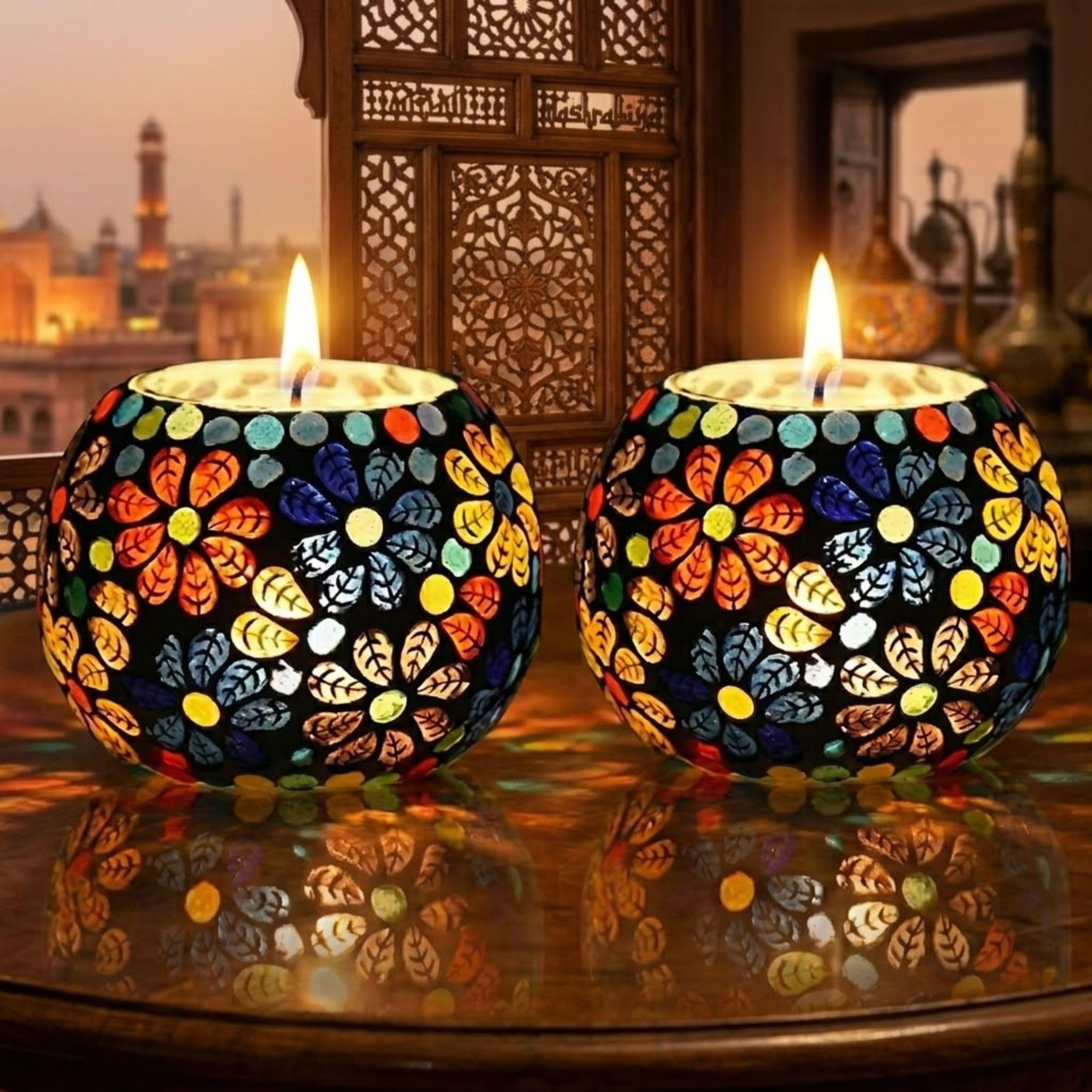 Handcrafted-Glass Mosaic Tealight Candle Holder for Christmas Decor, Diwali Decor, Diwali Decoration, Home Decor, Gifting Items- Pack of 2(Multi Color)-image-12