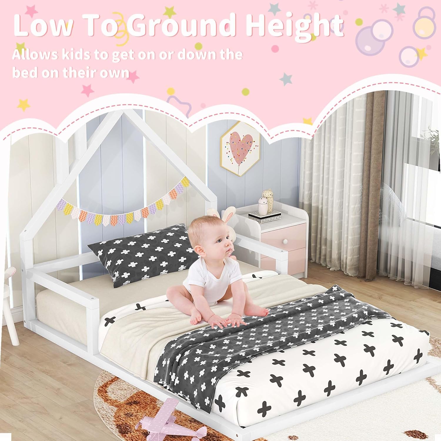 Bellemave Floor Bed for Kids, Full Size Montessori Bed with House Shape Headboard and Railings, Wood House Bed with Slats for Boys Girls, Low to Ground Height, No Box Spring Needed, White