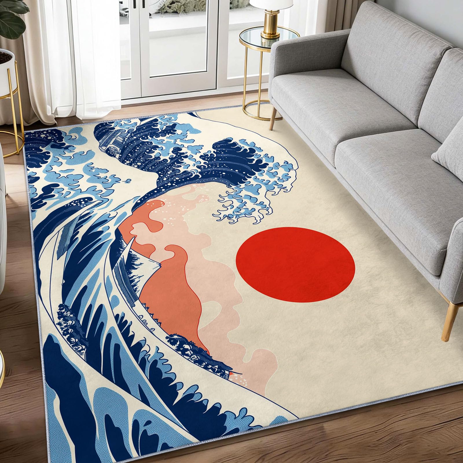 Générique Tapis de Salon Motif Grande Vague Ukiyo-e Japonaise Traditionnelle Doux Antidérapant Poils Ras, Résistant pour Adulte Chambre Salle à Manger Couloir et Bureau, 120 x 170 cm