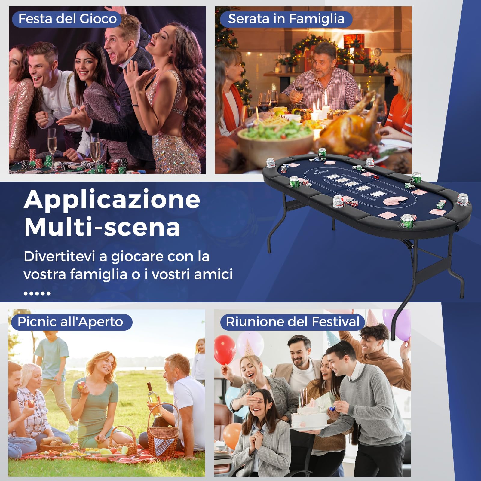 RELAX4LIFE Tavolo da Poker Pieghevole per 8 Giocatori, Tavolo da Texas Holdem Portatile con Fascia Imbottita, Supporti per Bicchieri in Metallo Profondi, Superficie in Feltro di Grado Casinò (Blu)