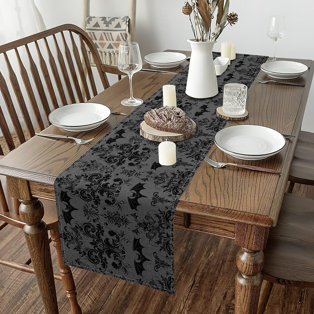 Halloween Bats Table Runners Black and Grey Damask Cloth for Kitchen Table, Exotic Antique Decor Goth Boho Vintage Floral Tabletop Decor 120"x13"