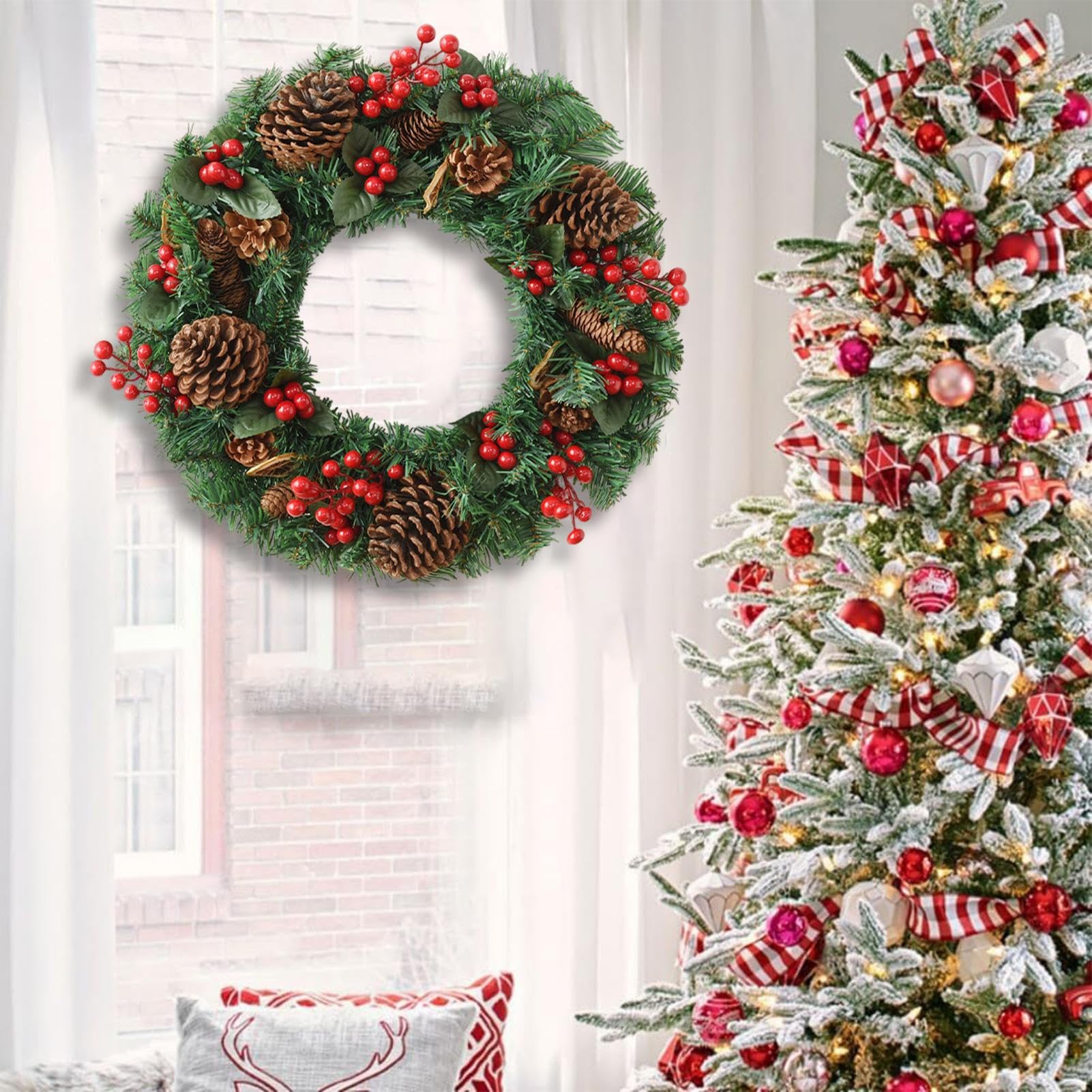 navideños artificiales | festivo con bayas rojas y piñas | para puerta de casa, exterior, interior, casa, tallo, ventana de invierno