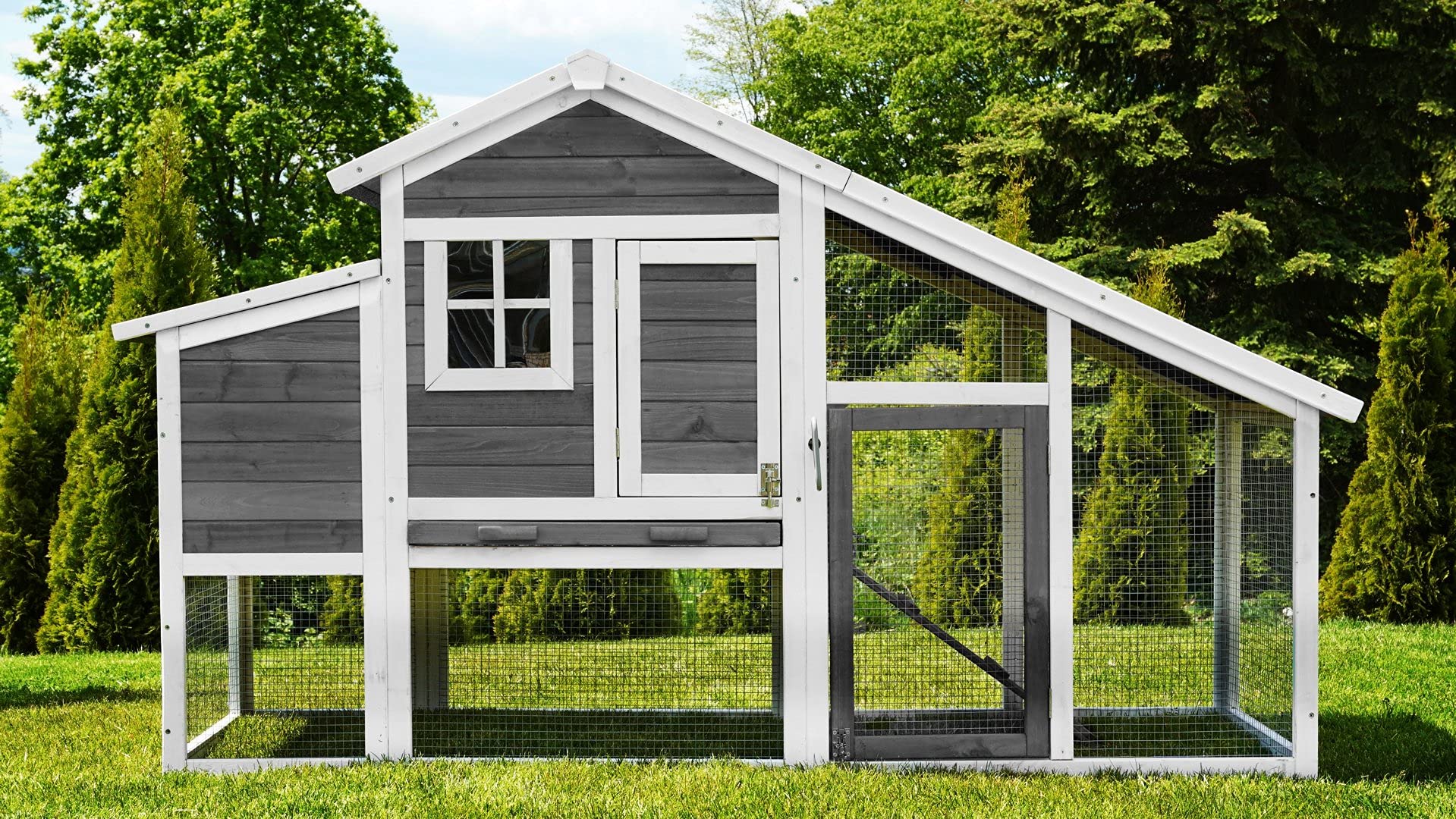 Miweba MyAnimal Hühnerstall MH-32 XXL | 185x62x115 cm - Für 4 Hühner - Nistkasten mit Freilaufgehege - 2 Sitzstangen - Winterfest - 2 Ebenen - Hühnerhaus mit Eiablage - Kiefernholz - Voliere (Grau)