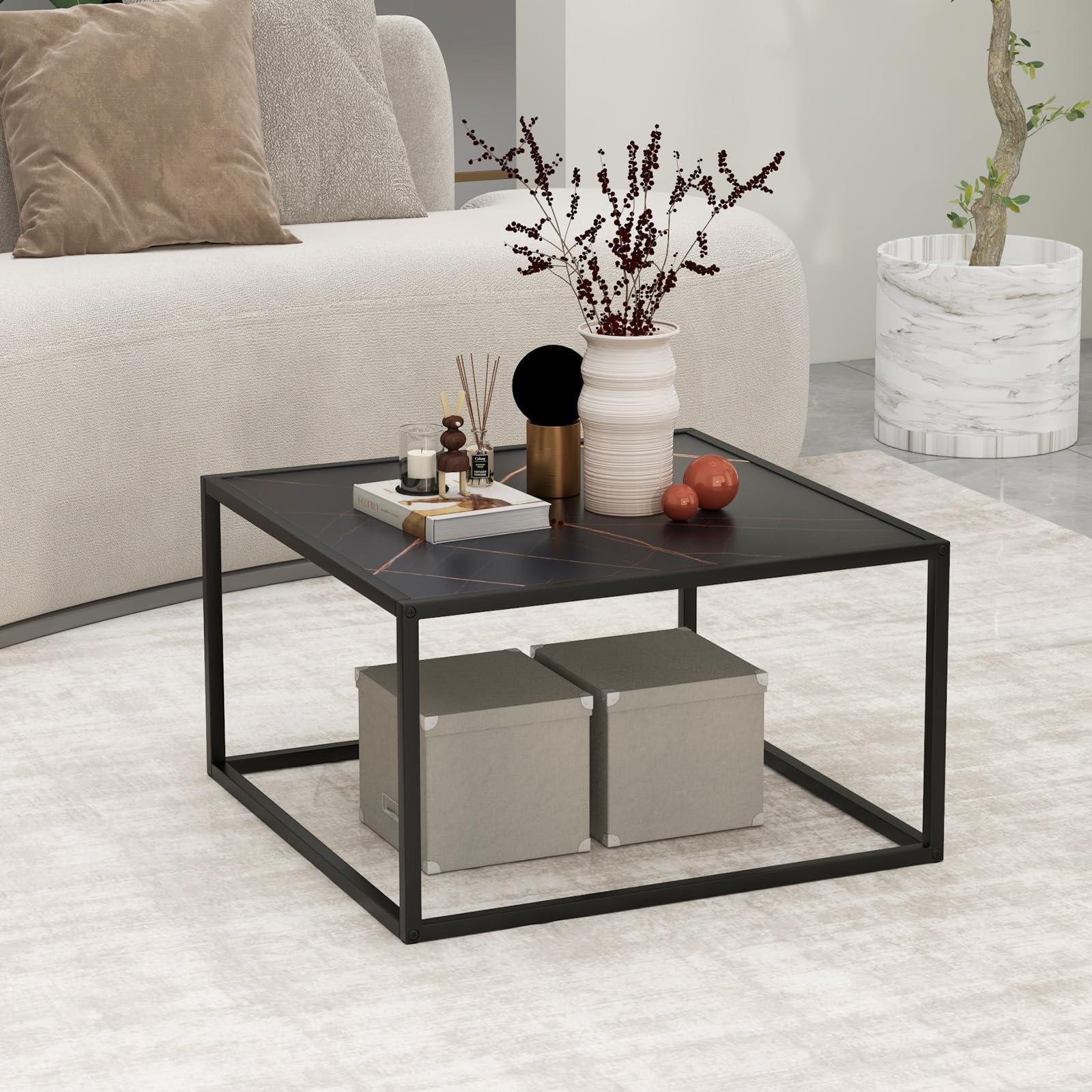 GIANTEX Tavolino da caffè effetto marmo, tavolino da tè con telaio in metallo, tavolo moderno, tavolino quadrato per soggiorno, 70 x 70 x 40 cm (nero)