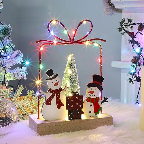Miniatura 7 de Lulu Home Decoración de mesa de Navidad, cajas de regalo de muñecos de nieve de Navidad preiluminados de madera, adorno con marco de metal, funciona