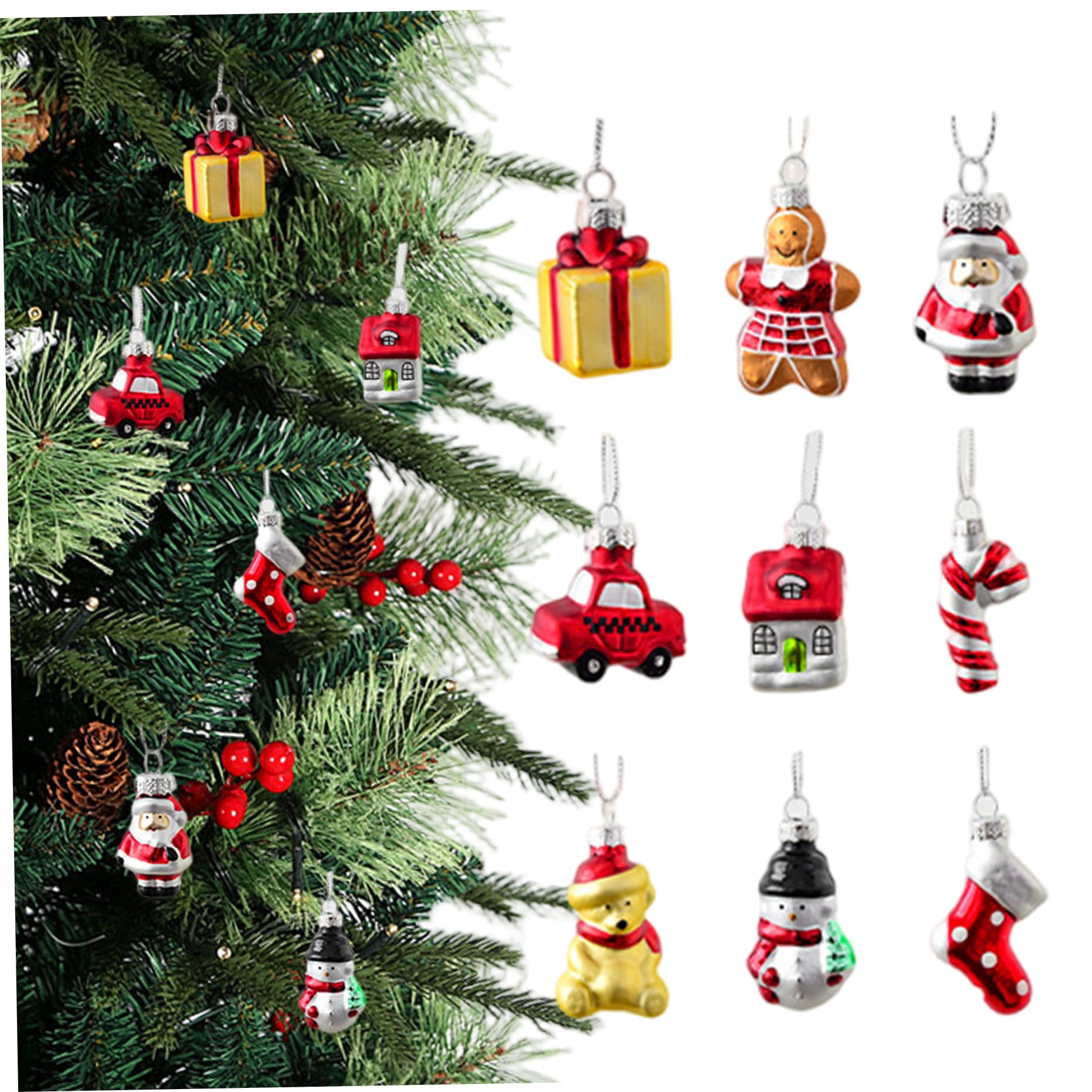 CAKEEYUM 9Pcs/Set Vintage Christmas Ornaments Cute Glass Mini Christmas Ornaments Gingerbread Santa Snowman House Car Pendants for Xmas Tree Vintage, Decor, Mini