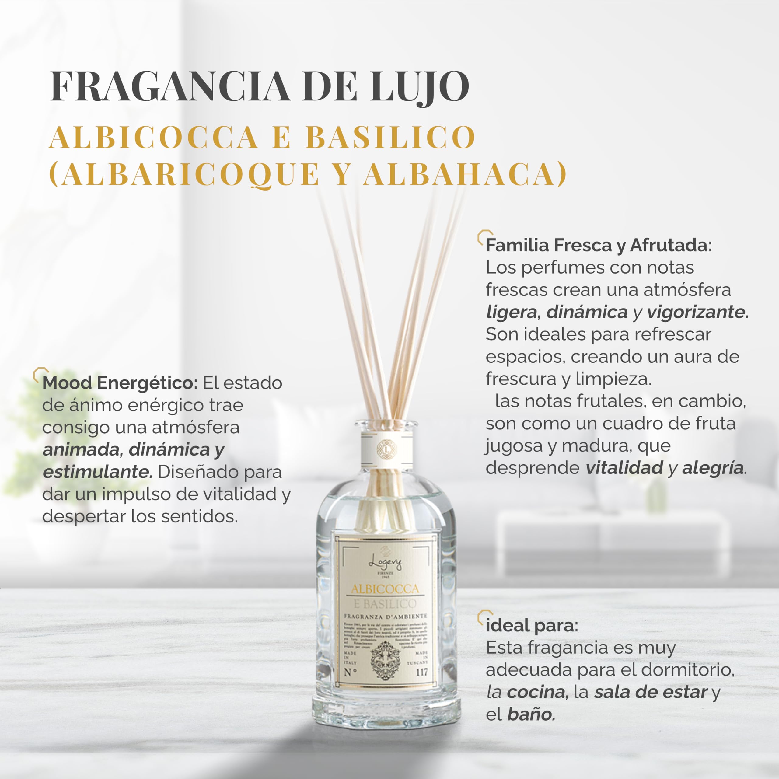 LOGEVY - Ambientador para el bienestar de la persona y de la casa - Albaricoque y albahaca (500 ml New 2022)