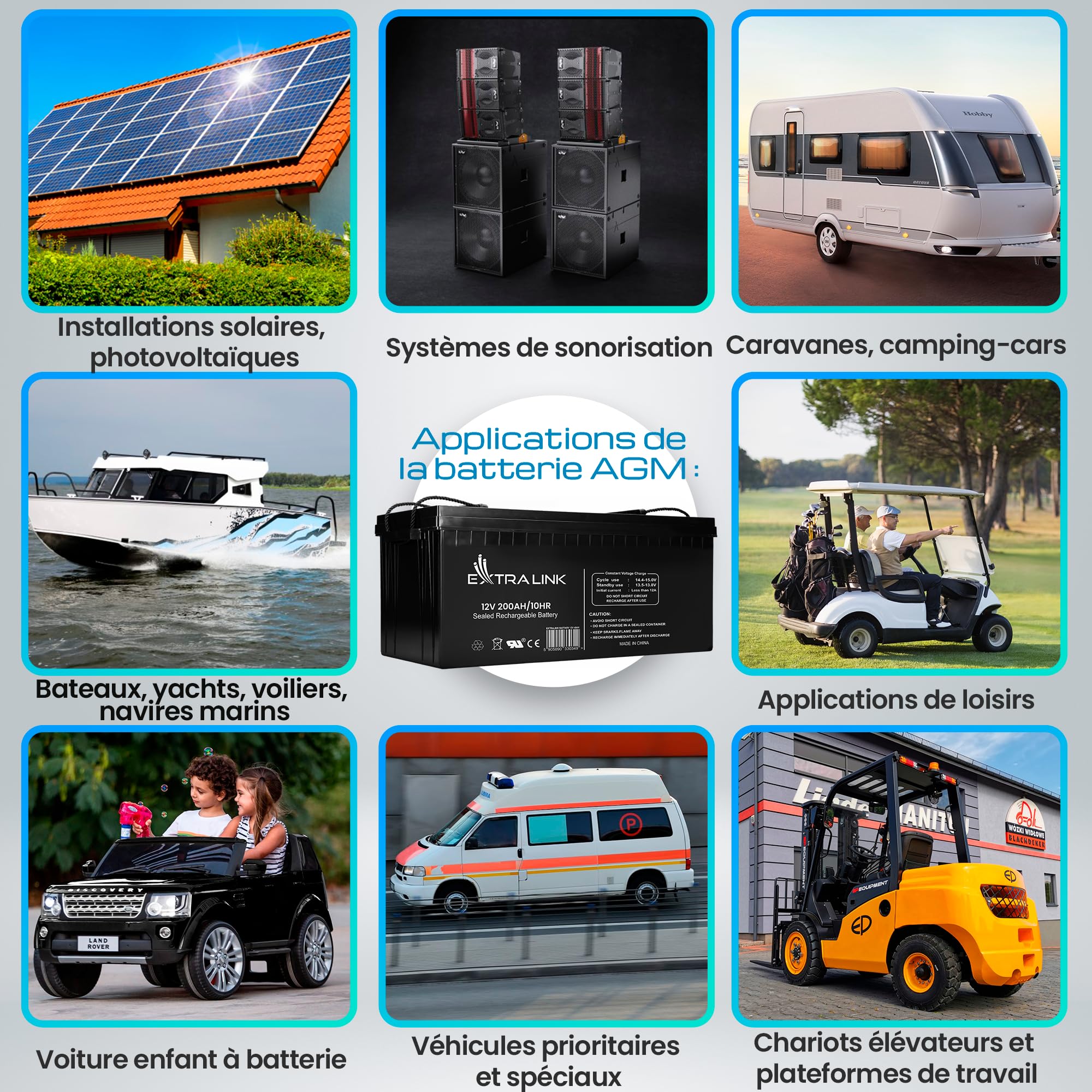 Extralink Batterie AGM 12V 200Ah - Batterie Decharge Lente sans Entretien, Anti-Fuite, Deep Cycle - Batterie Solaire, Camping-Car, UPS, Système Autonome, Alimentation de Secours