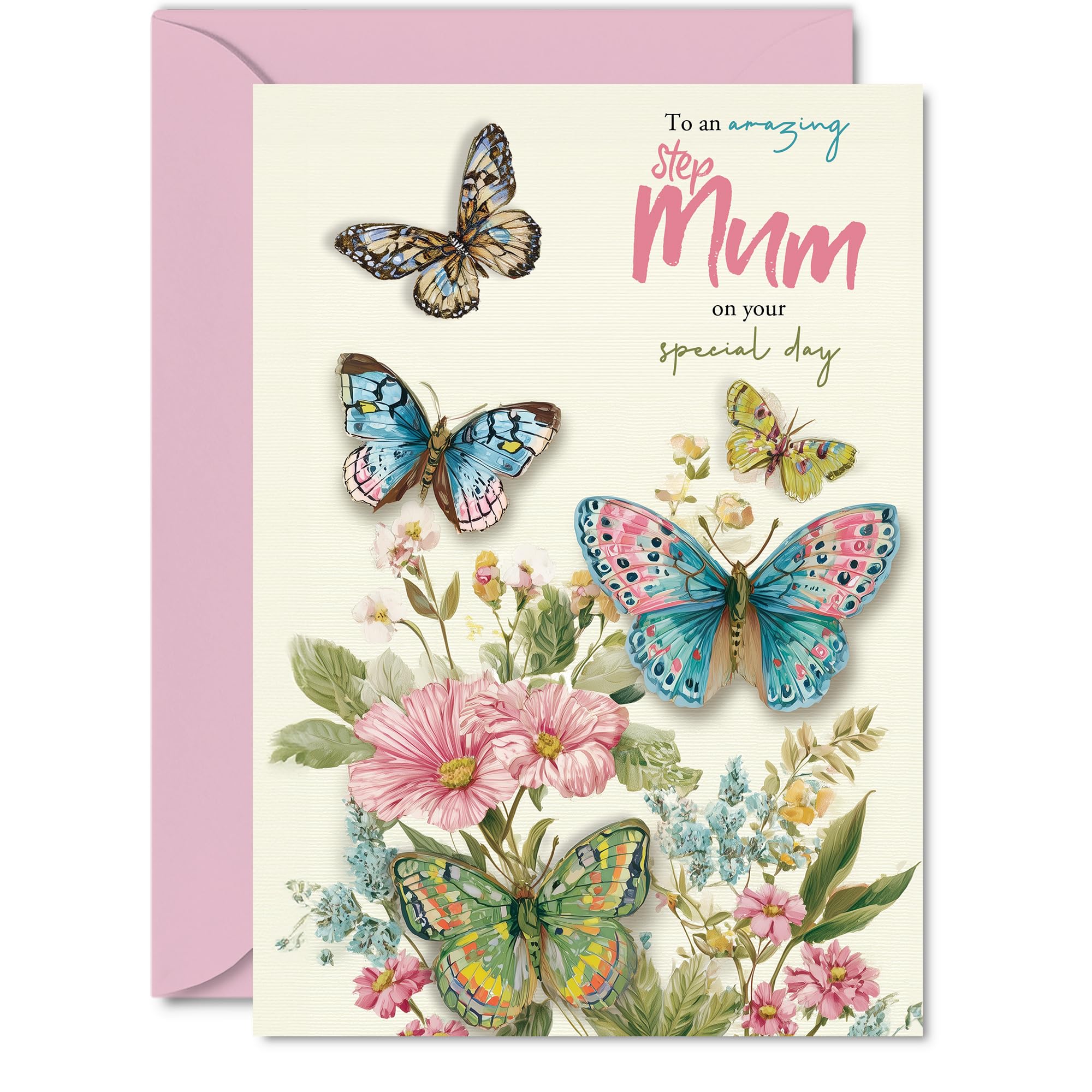 Step Mum Birthday Card - Beautiful Butterflies - Happy Birthday Card for Step Mum from Son Daughter, A5 Elegant Pastel Butterfly Mother's Day Greeting Cards