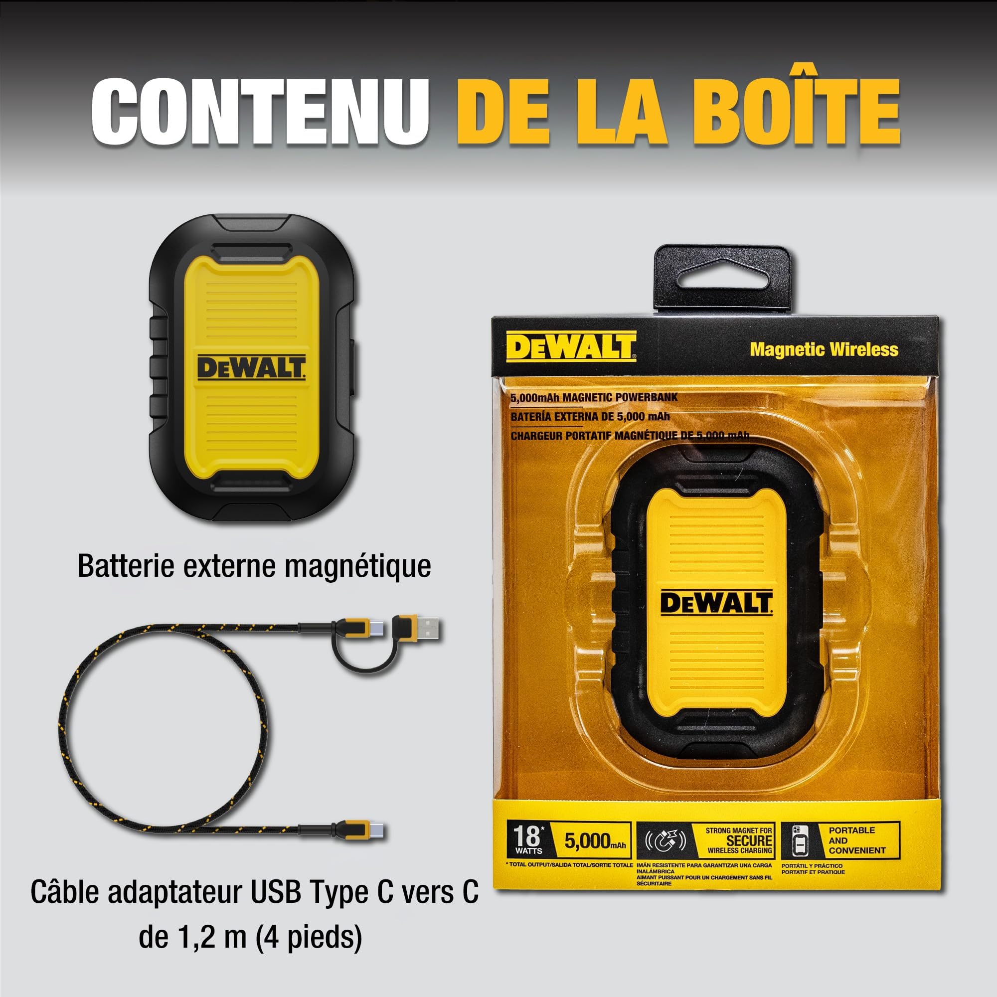 DEWALT Power Bank magnétique Robuste 5 000 mAh, Chargeur Portable sans Fil, Batterie 18W Charge Rapide, USB-C vers C avec Adaptateur USB 4’, résistant à l’Eau, Compatible Magsafe iPhone 17/16/15/14