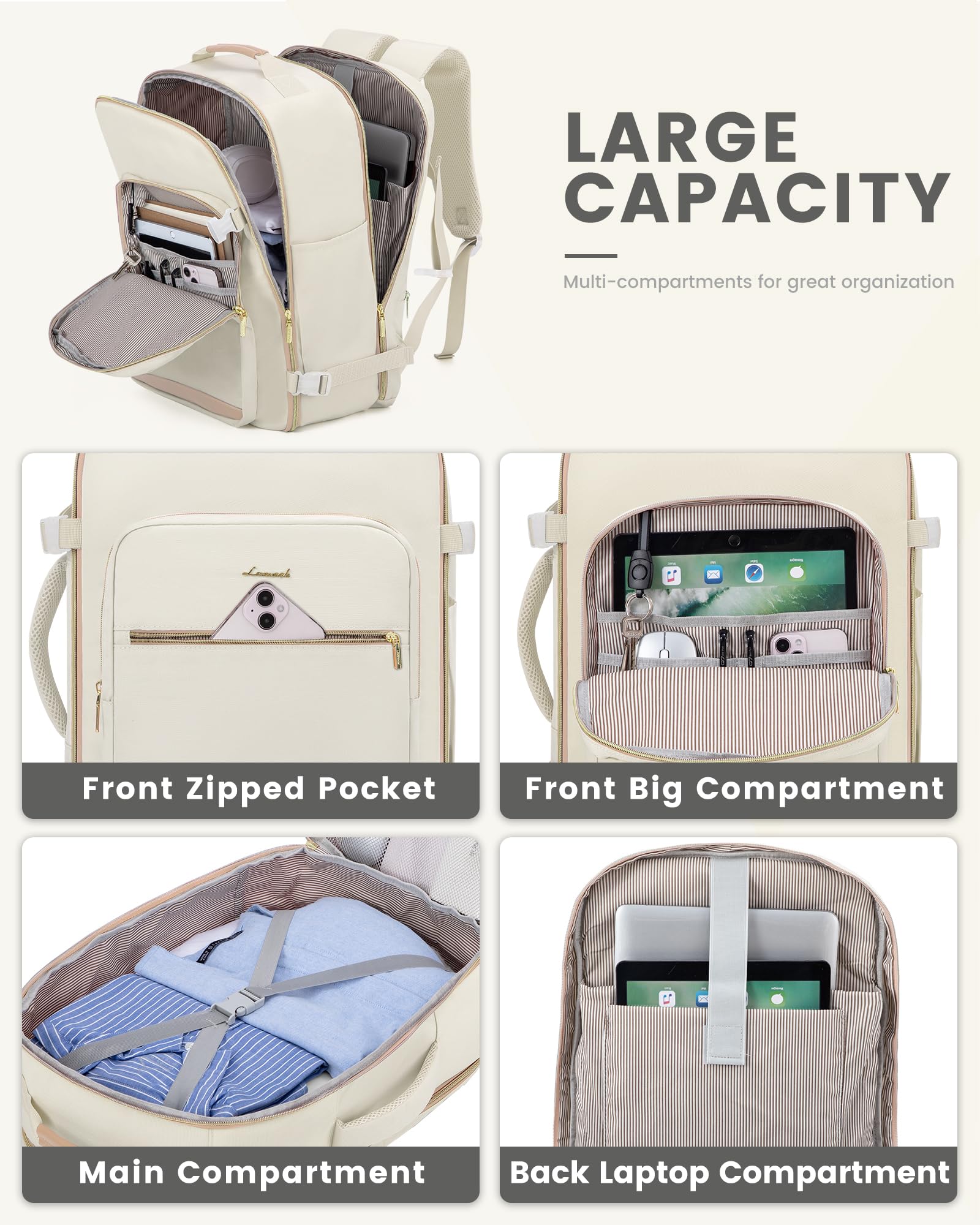 LOVEVOOK Zaino da Viaggio Aereo Bagaglio a Mano, Impermeabile Zaini Trolley Bagaglio Donna 40L Cabin Max per Ryanair Easyjet, Grande Zaino Porta PC 17 Pollici Valigia Borsa a Zainetto