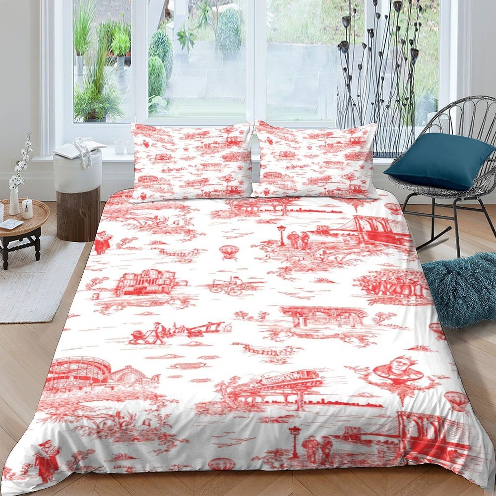 Ctjqhvkz Style-3 3D Printed Red Toile Fitted Sheet Microfiber Soft Breathable Landscape Bed Cover For Bedroom Decor Mattress Protection Single（135X200cm）