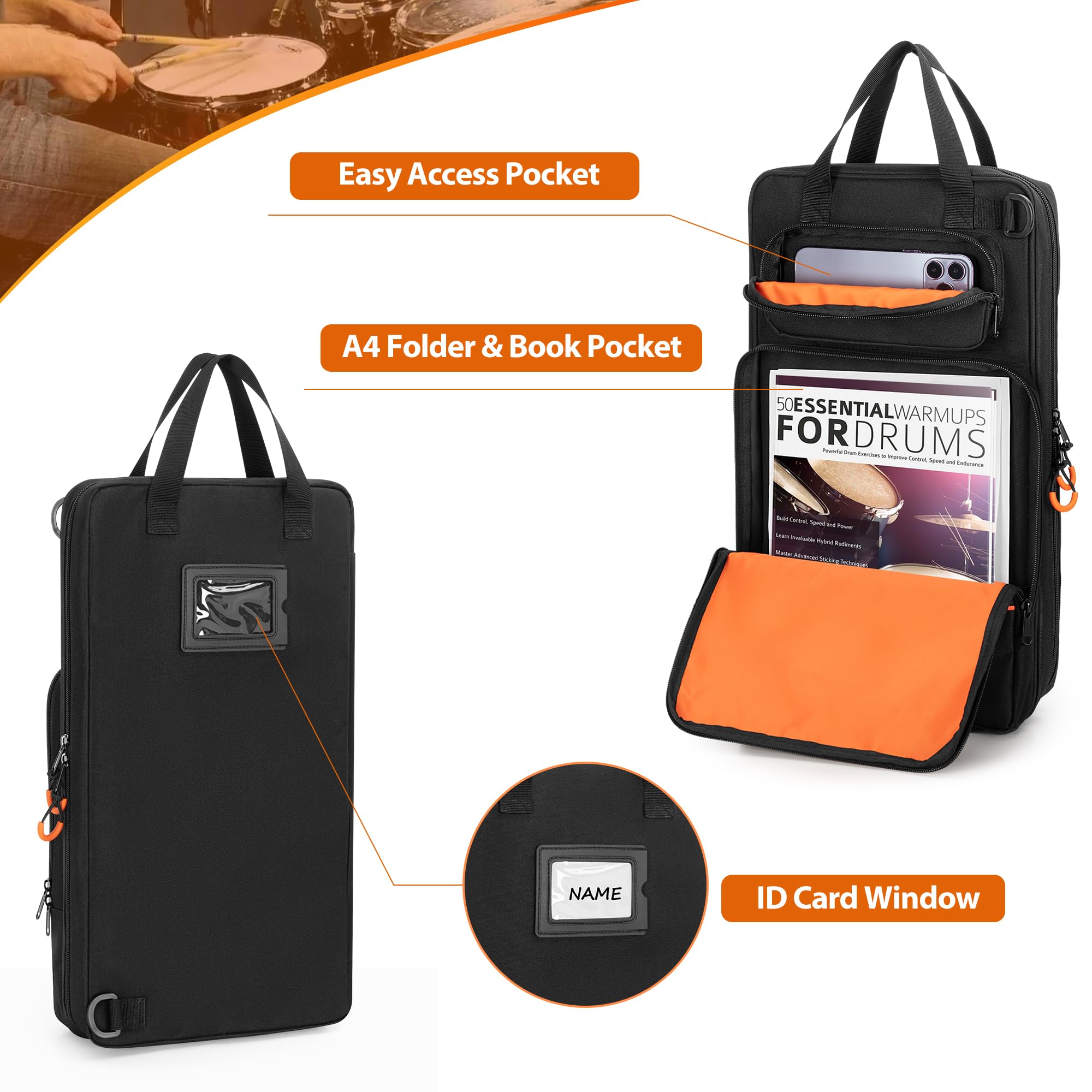 Damero 600D Drum Stick Storage Bag with Adjustable Shoulder Strap Portable Drumstick Holder for Band Tour - Image 3