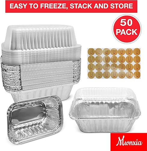 Miniatura 3 de Mwnxia Mini moldes gruesos para pan con tapas, paquete de 50 moldes de aluminio de 1 libra con tapas completas con calcomanías de amor hechas a mano