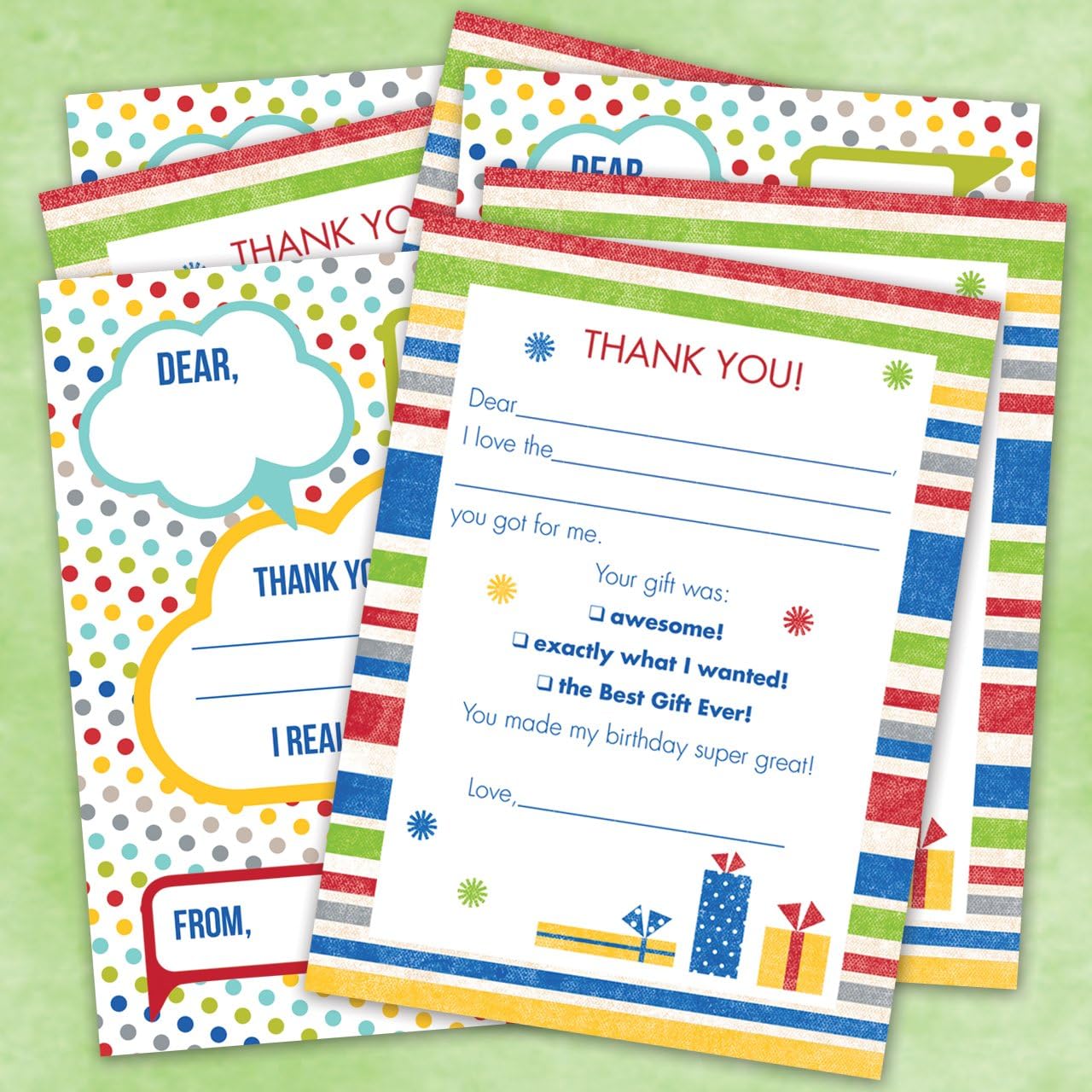 Canopy Street Dots and Stripes Kids Thank You Note Card Pack / 20 Fill In Childrens Colorful Thanks Cards With White Envelopes / 4 5/8" x 6 1/4" Kid Birthday Party Thank You - Image 8