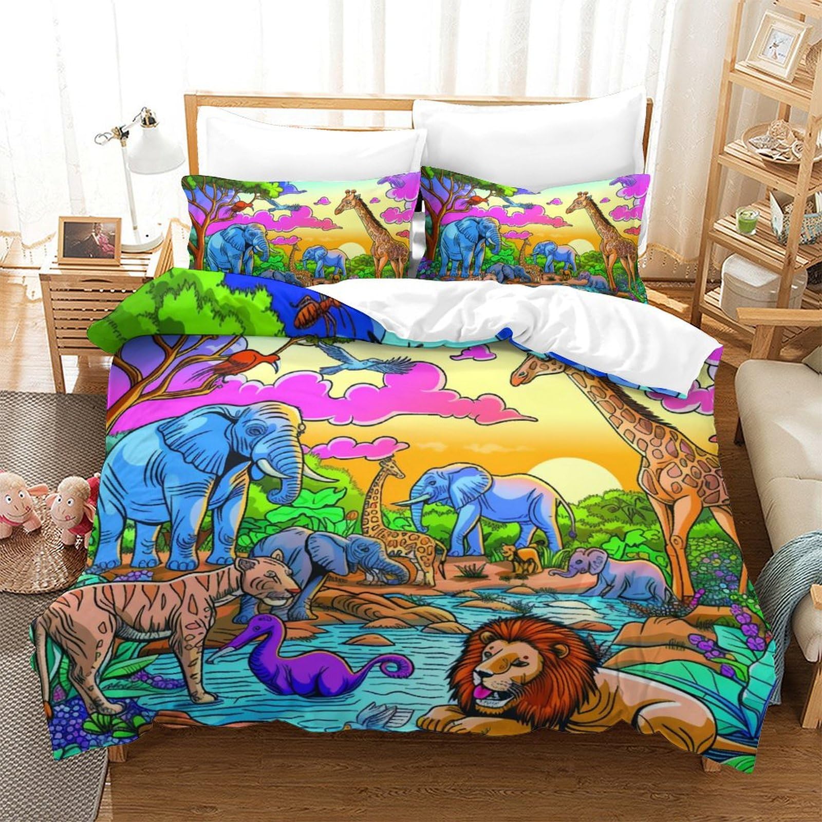 Parure de lit animaux de la jungle en microfibre 3 pièces avec housse de couette 200x200cm