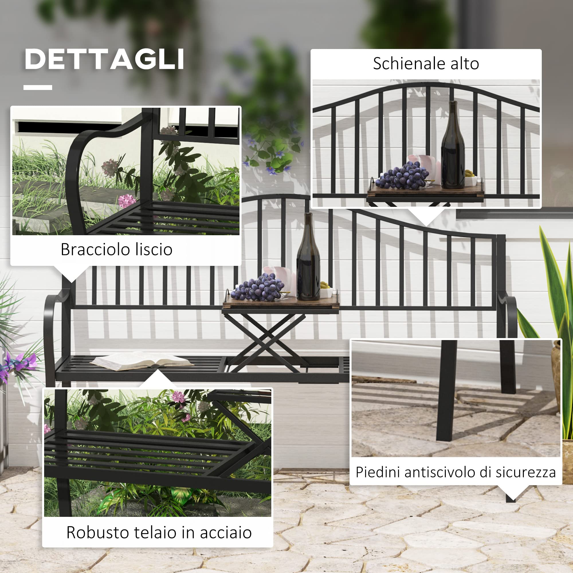 Outsunny Panchina da Esterno a 2 Posti, Panchina da Giardino con Tavolino Estensibile in Metallo 150 x 53 x 95 cm Nero