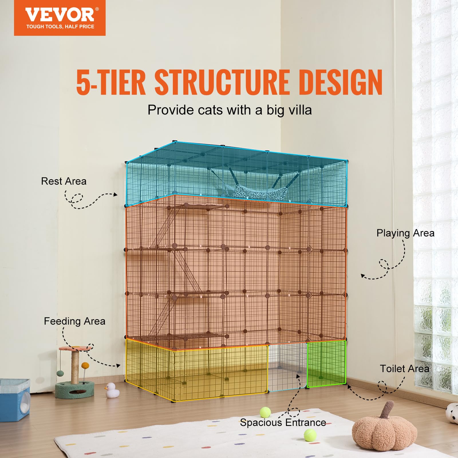 VEVOR Cage Chat 4 Niveaux, Enclos Chats Fil Métallique Modulable Amovible, 5 Portes, Échelles, Hamac, 1371x1041x1754 mm
