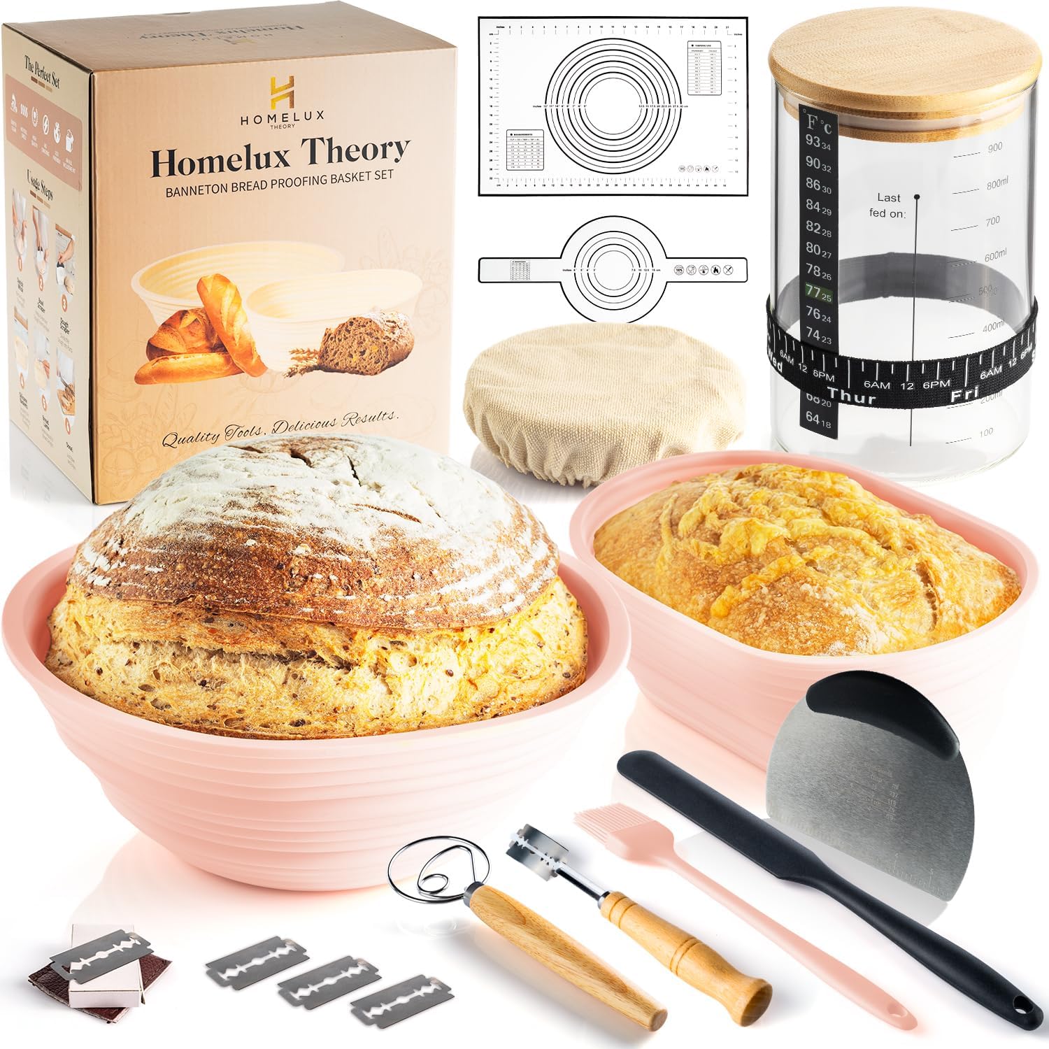 Sourdough Starter Kit, 14pcs Bread Making Kit & Sourdough Bread Baking Supplies Kit, Banneton Basket Kit for Sourdough Proofing with Bread Baking bowl for Artisan Breads (Pink) by HOMELUX THEORY