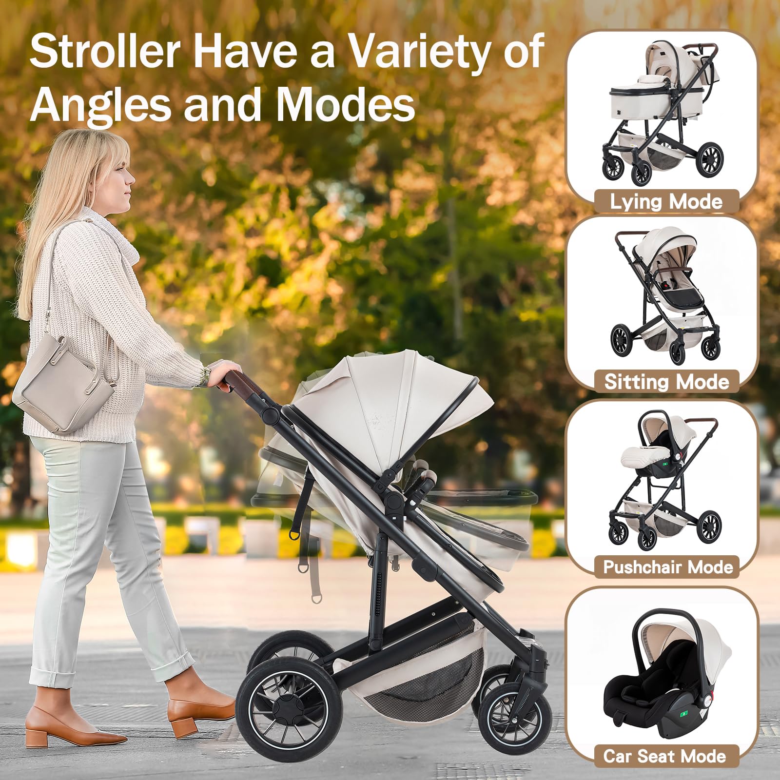 Cochecito Bebe 3 Piezas,Verde-Conjunto de Silla de Paseo&Silla de Coche,Silla de Paseo Reversible con asa Ajustable,Cesto Para Dormir&Capazo con Cubrepiés,Cubrepiés elevado,0-4,22KG
