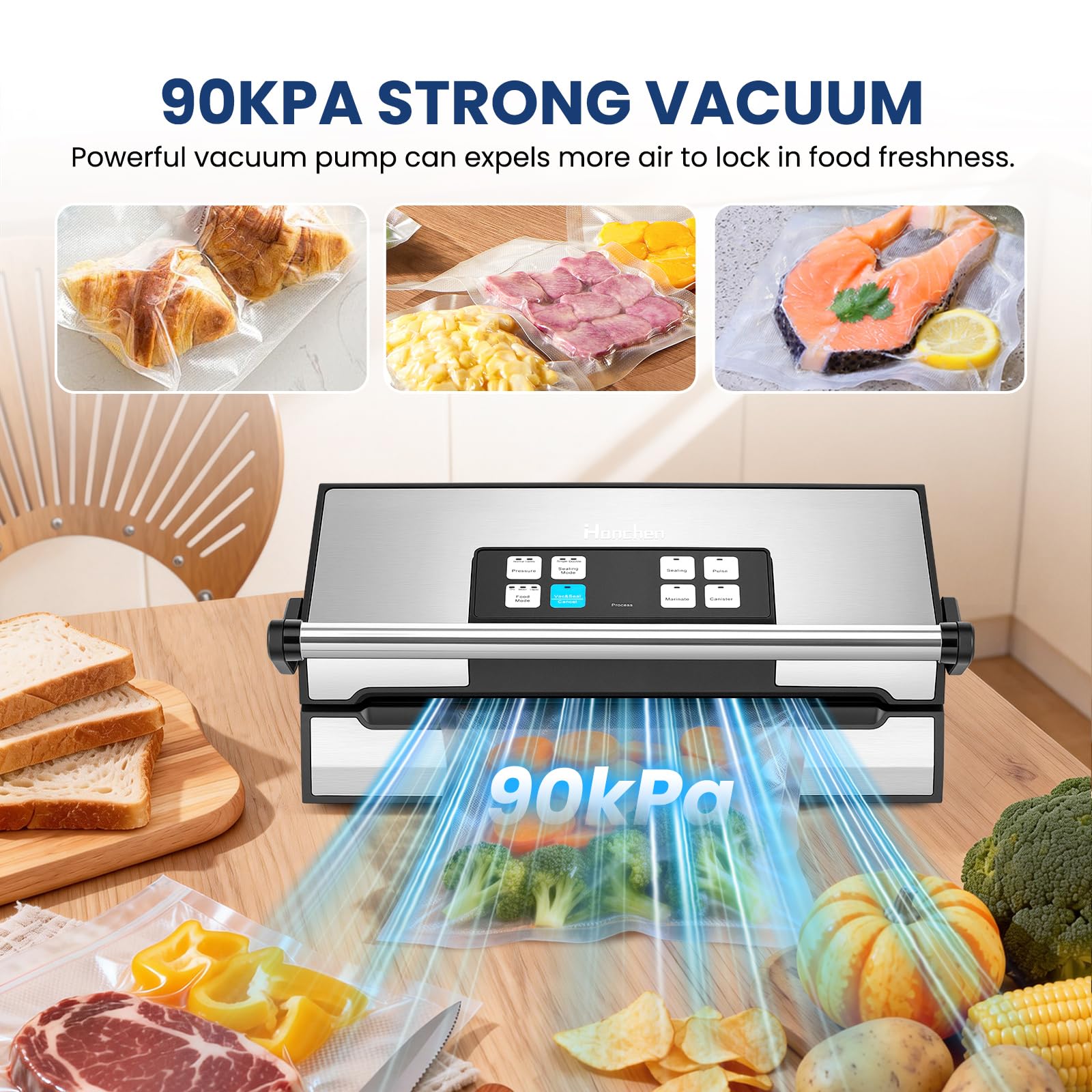 Hanchen Macchina Sottovuoto Alimenti 90Kpa Macchina per Sottovuoto 30cm Doppia Saldatura Sigillatrice Termica Include 2 Rotoli di Sacchetti e 10 Sacchetti