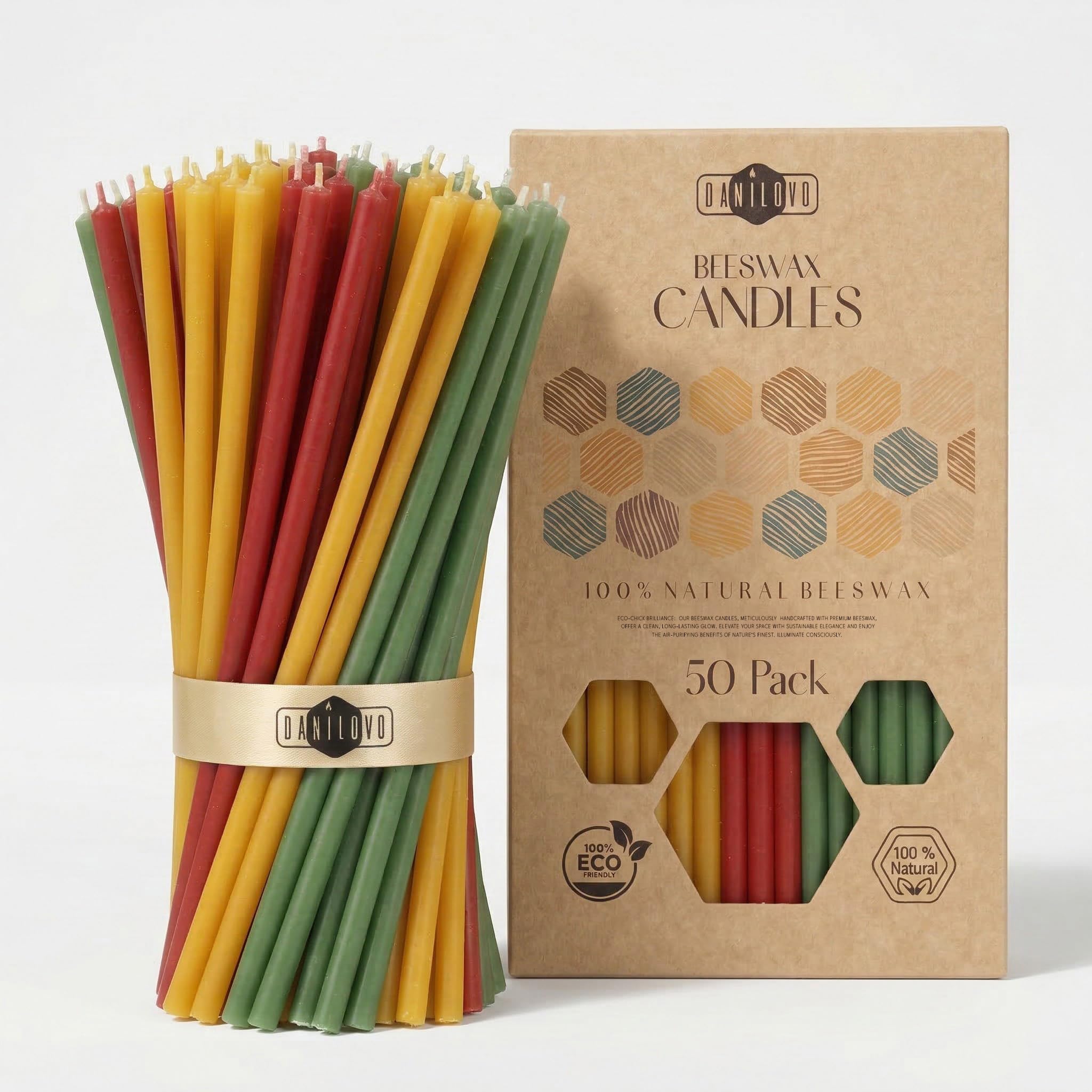 Danilovo Multicolor Beeswax Candles 50 Pcs (Multicolor) - Orthodox Prayer Candles, Ritual Use, Table Decor - Clean Burning, Dripless, Cotton Wick (Height 16.5 Cm)