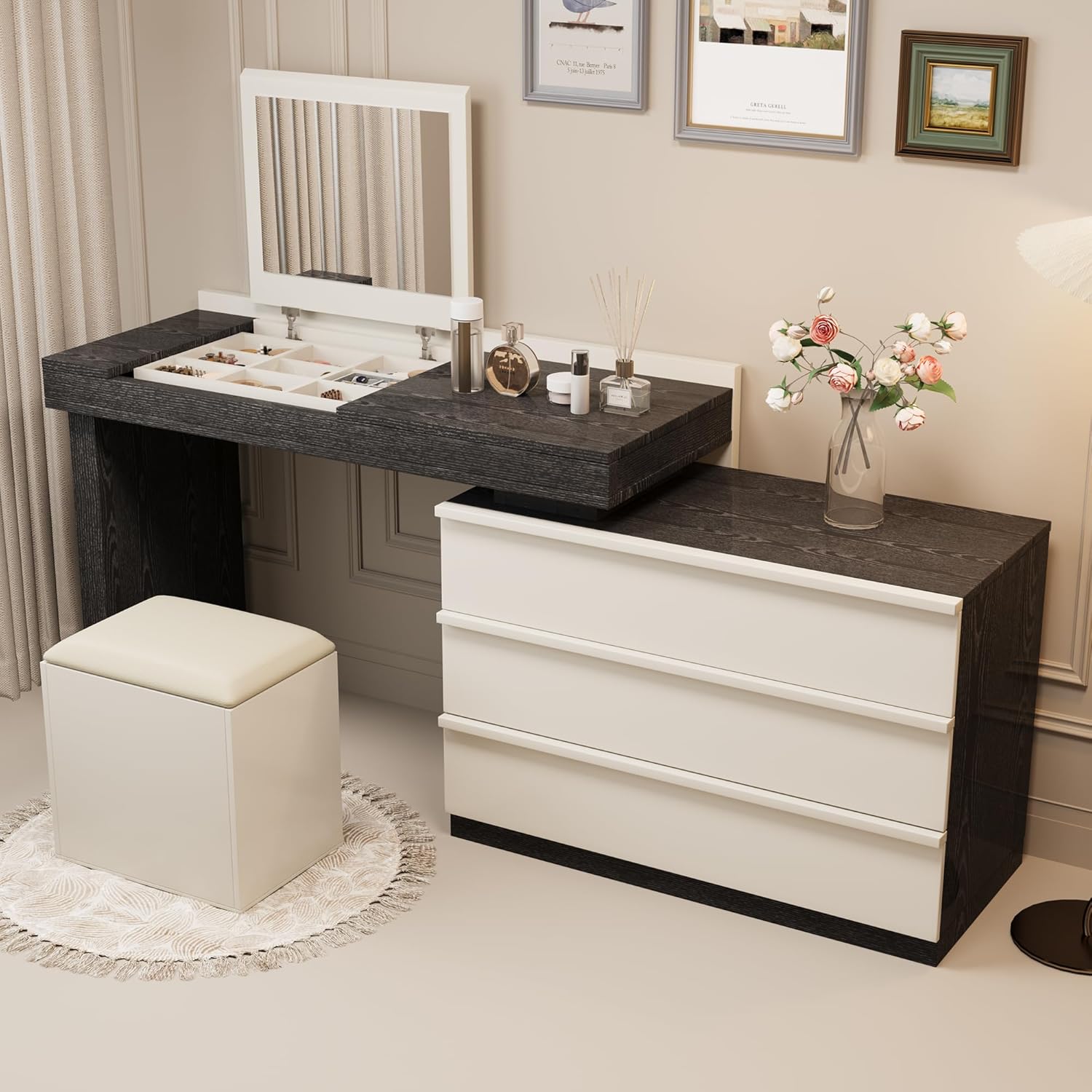 47-70 Inches Modern Extendable Makeup Vanity with Mirror, Jewelry Organizer, Three Drawers and Matching Stool, Black & Beige – Large Adjustable Dressing Table