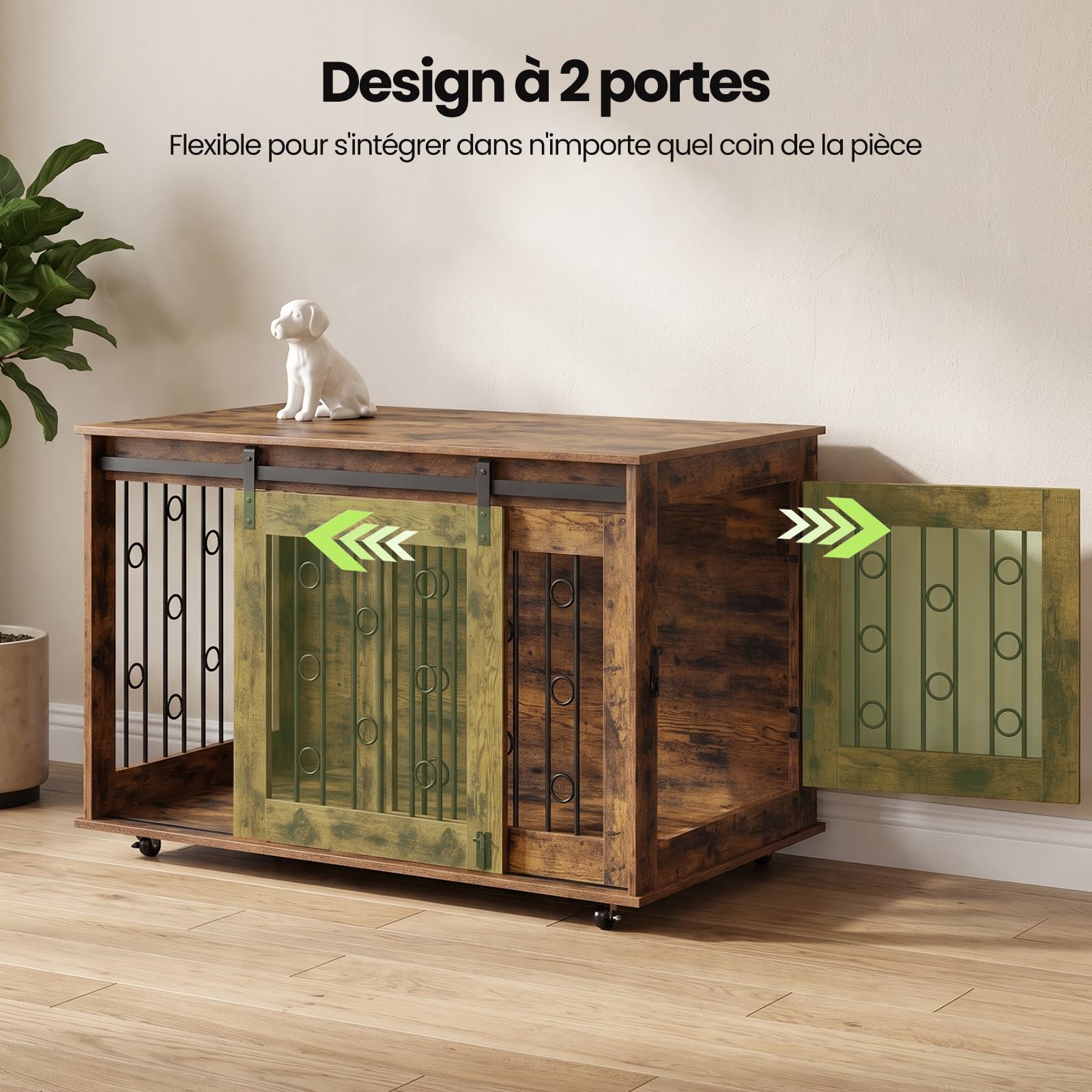 EUGAD Jaula para Perros Interior,Dog Crate para Perro de Madera | para Perros Medianos Grandes,con Ruedas y Puertas,Caseta Móvil Perros hasta 120KG,Moderna Casa Perro 100x56x58cm