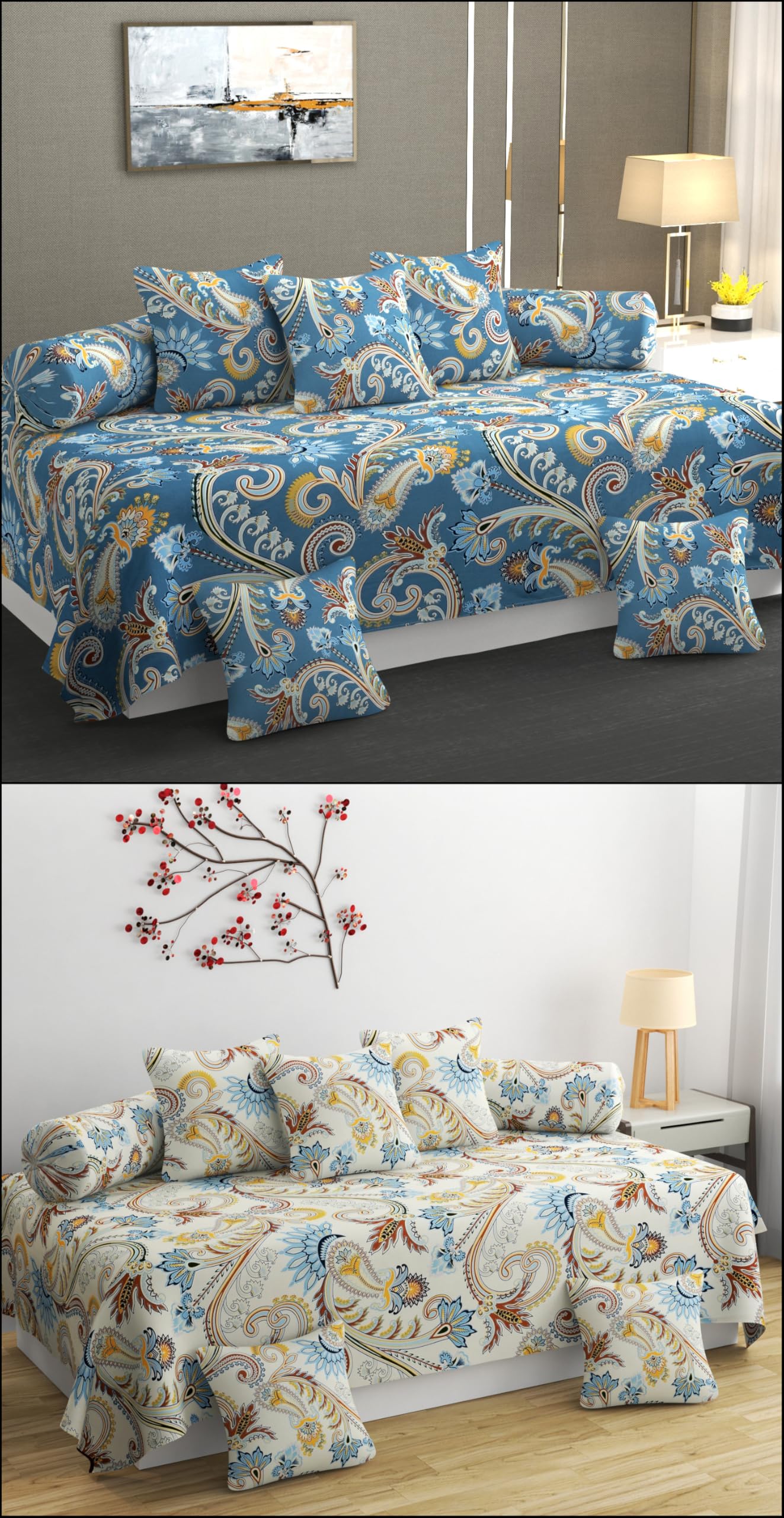 Amazing Combo Diwan Covers Set- Pack of 2,diwan Set with 2 Single bedsheet+4 Bolster Covers + 10 Cushion Covers,2 Set of diwan Covers, Combo diwan Set bedsheet Size (60 X 90) inches (Cadet flower)-picture-36