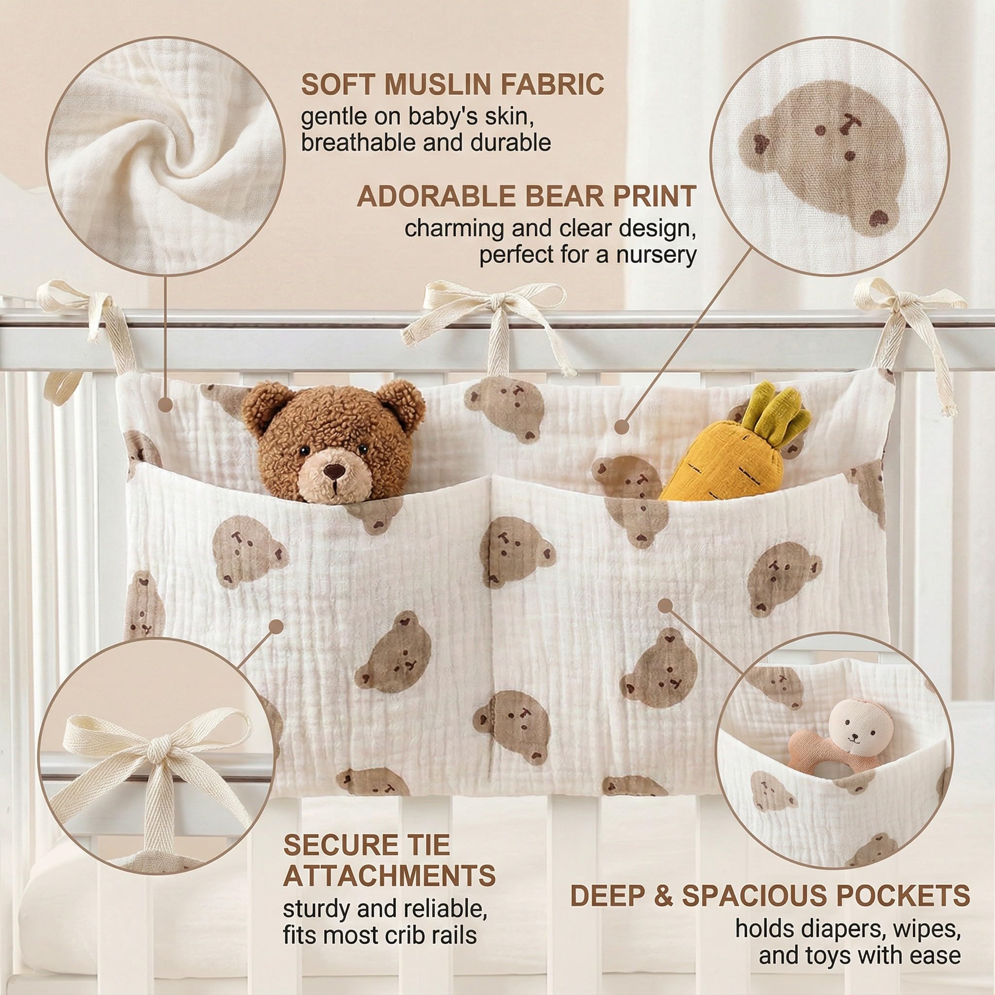 BAUCH Borsa Appendere per Lettino,Organizer per Cameretta dei Bambini, 2 Tasche, Tasche Portaoggetti Letto,per Lettino per Riporre Vestiti Pannolini Giocattoli,39X20CM