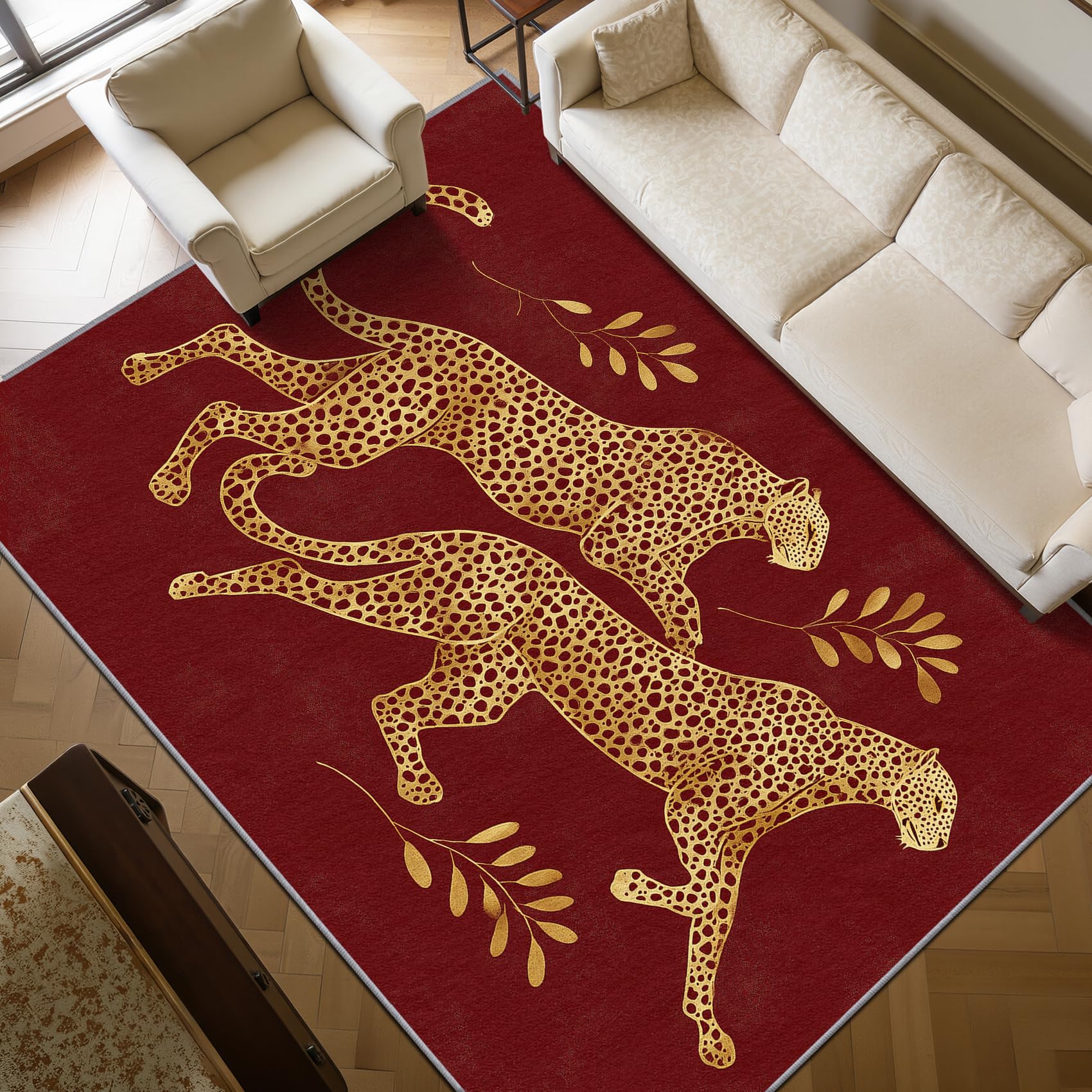 Mistela Leoparden Teppich 200x200 cm Rot Gold