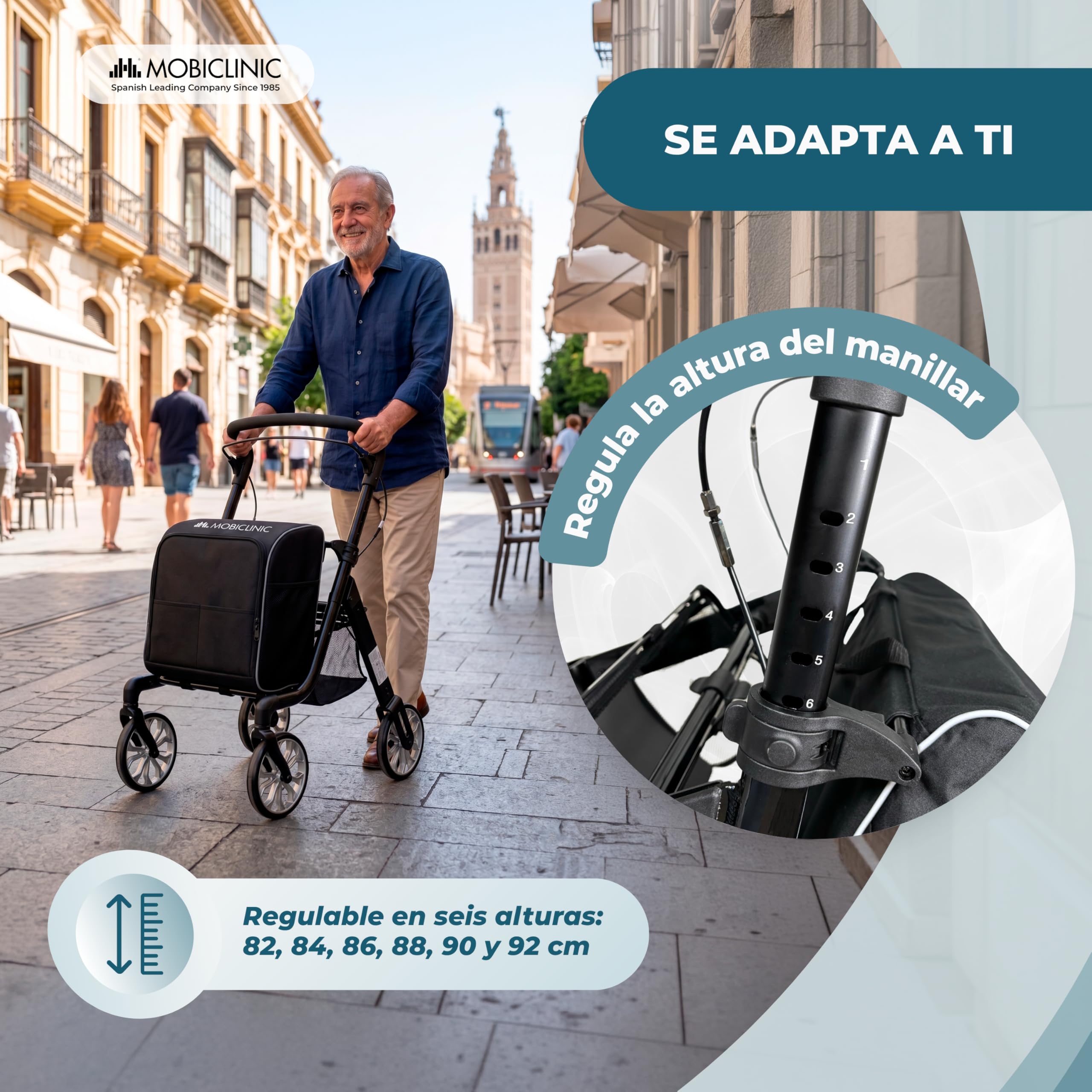 Mobiclinic®, Andador Plegable + Carro de la Compra, 2 en 1, Freno de Estacionamiento, Regulable en 6 Alturas, Monomando, Cesta y Bolsa XXL Extraíble, Ruedas 360º, Resistente, Aluminio, Formen