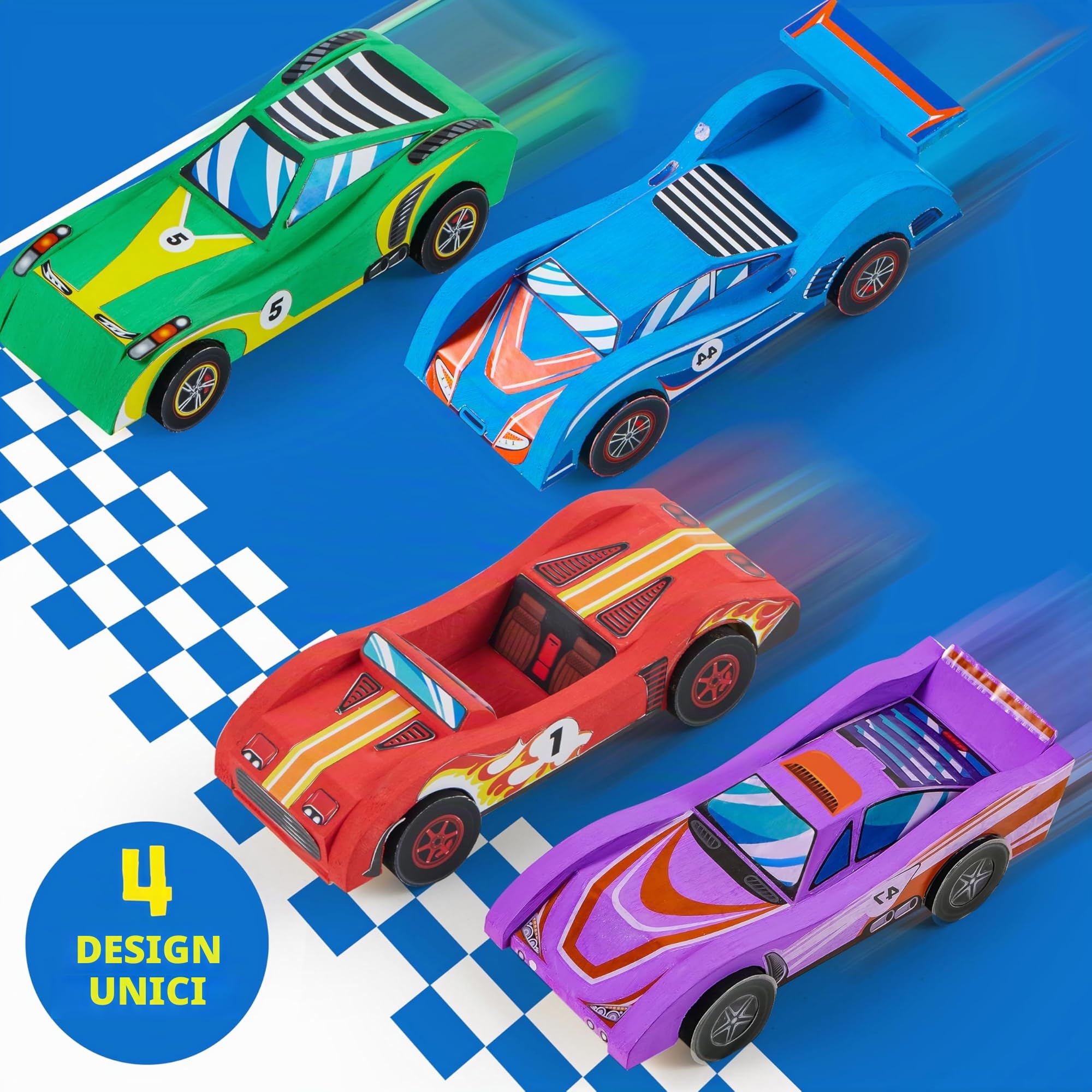 Klever Kits 4 Kit Fai-da-Te per Costruire e Dipingere le Tue Auto da Corsa in Legno, 4 Giocattoli Auto da Corsa, Kit di Arti e Mestieri Facile da Assemblare, Regali per Feste di Compleanno per Bambini
