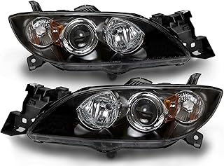PERDE Headlight Set Compatible With 2004-2009 Mazda 3 Sedan Halogen w/Performance Lens Black Housing Left Driver And Right Passenger Side