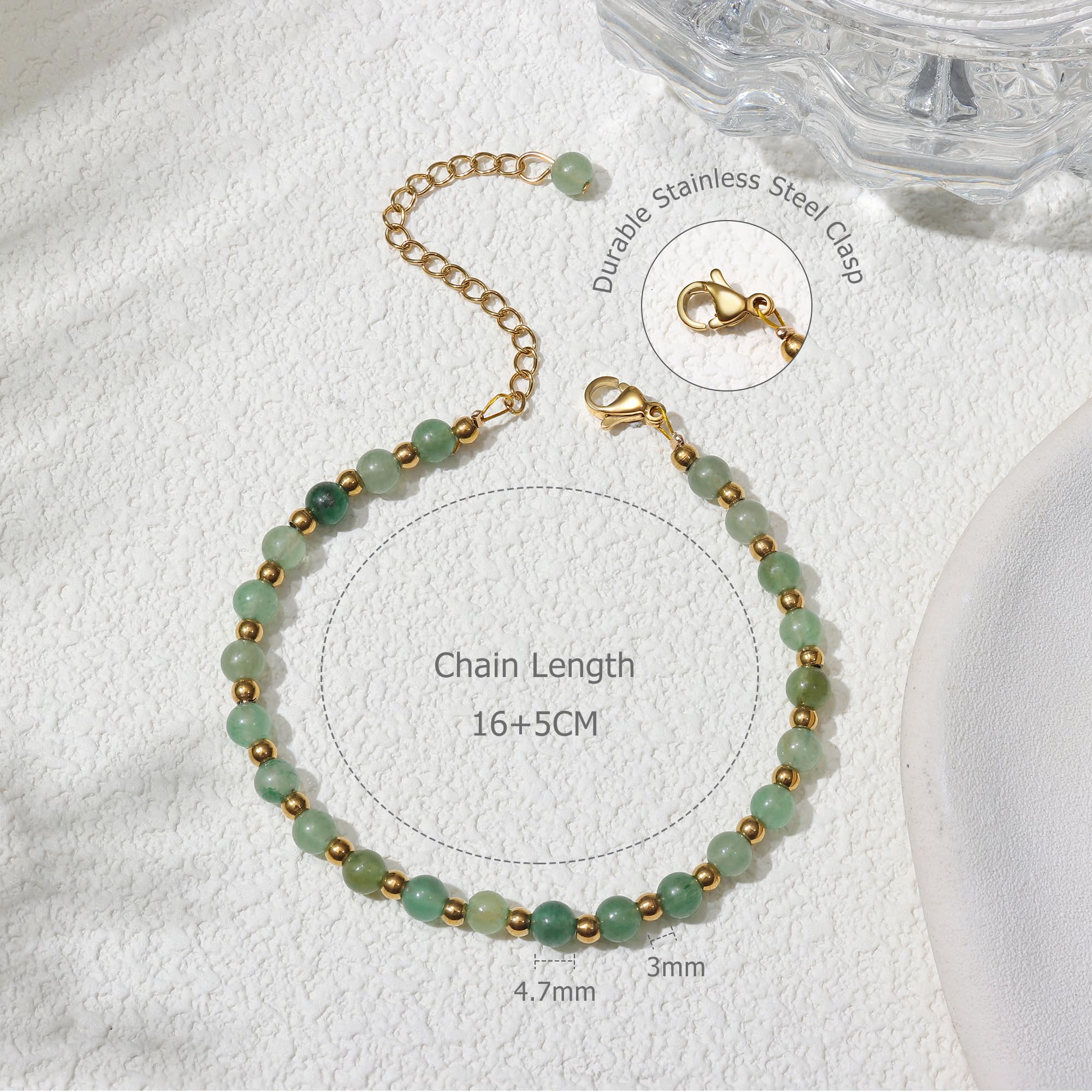 YCTTKDD Pulseras de Cuentas para Mujeres y niñas: Piedra Natural de 5 mm, Cuentas de Acero Inoxidable de 3 mm, joyería Boho de Cristal chapada en Oro Ajustable con Caja de Regalo