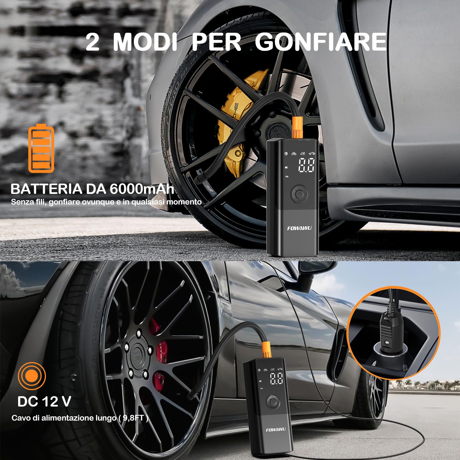 FOWAWU 6000mAh Compressore Aria Portatile, Compressore portatile per auto 150PSI, Gonfiatore Elettrico con Batteria Ricaricabile, Schermo LCD, Cavo DC 12V Torcia LED per Auto Moto Biciclette Palloni