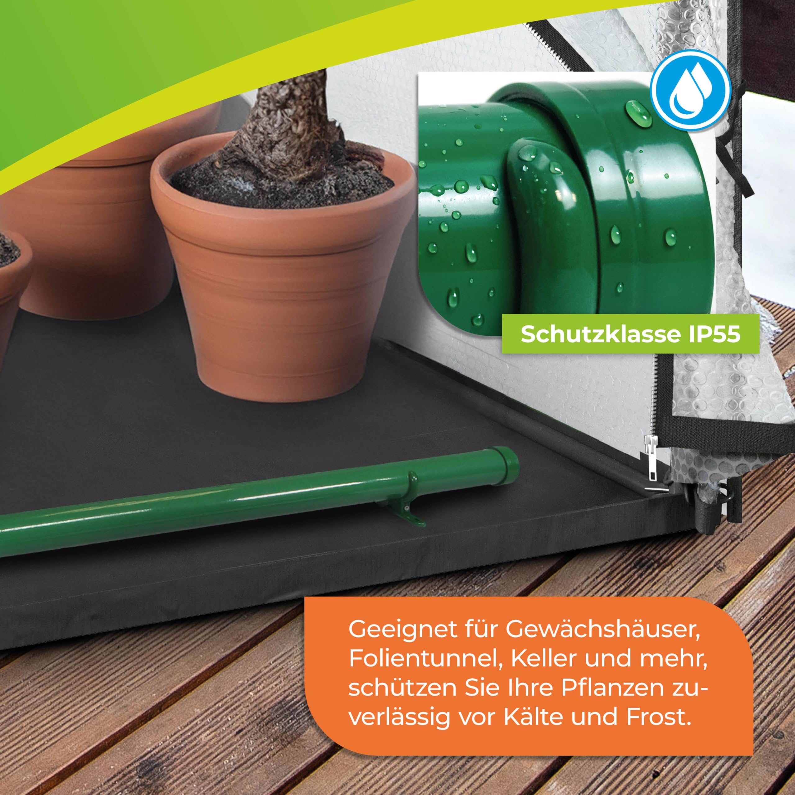 BioGreen elektrische Heizung für Gewächshäuser | Frostwächter inkl. Digitalthermostat | 135 W Gewächshausheizung mit Überhitzungsschutz | IP55