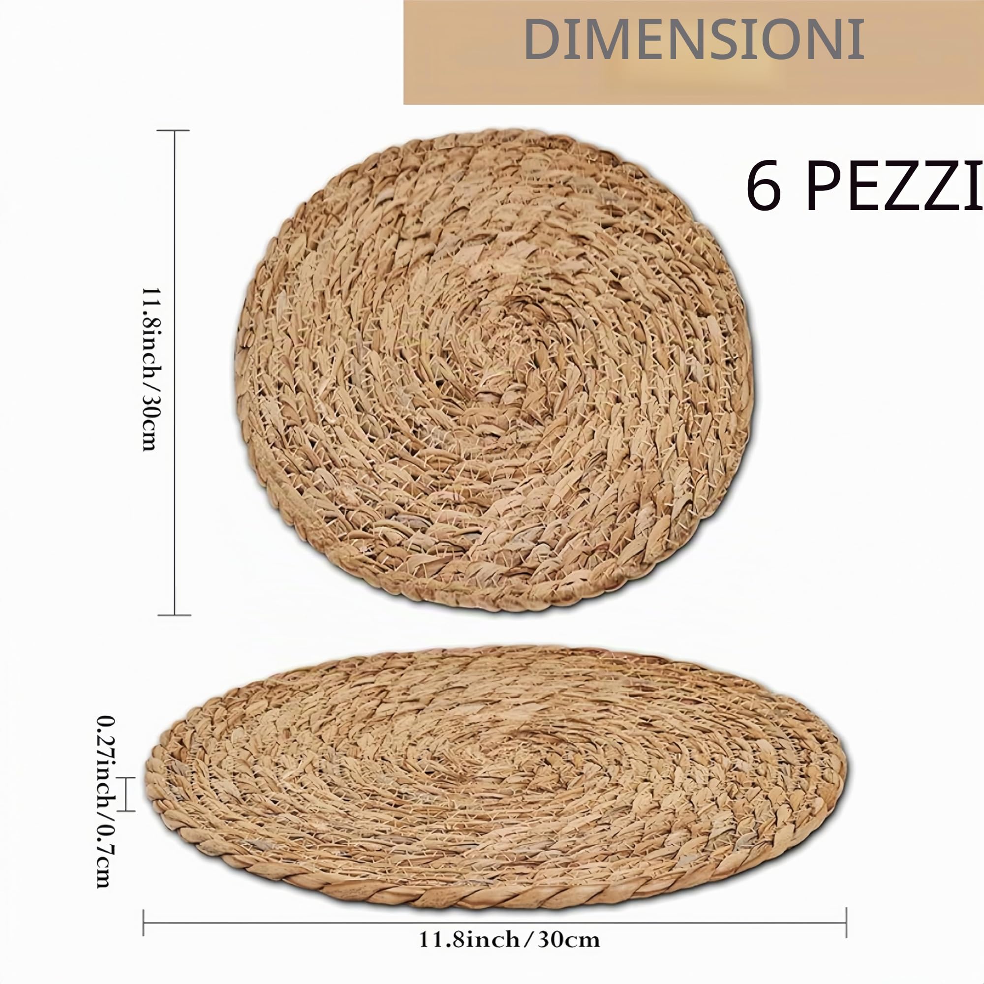 Set di 6 tovagliette rotonde in giacinto d'acqua, rotonde, in marina, intrecciate in giacinto d'acqua, set di tovagliette