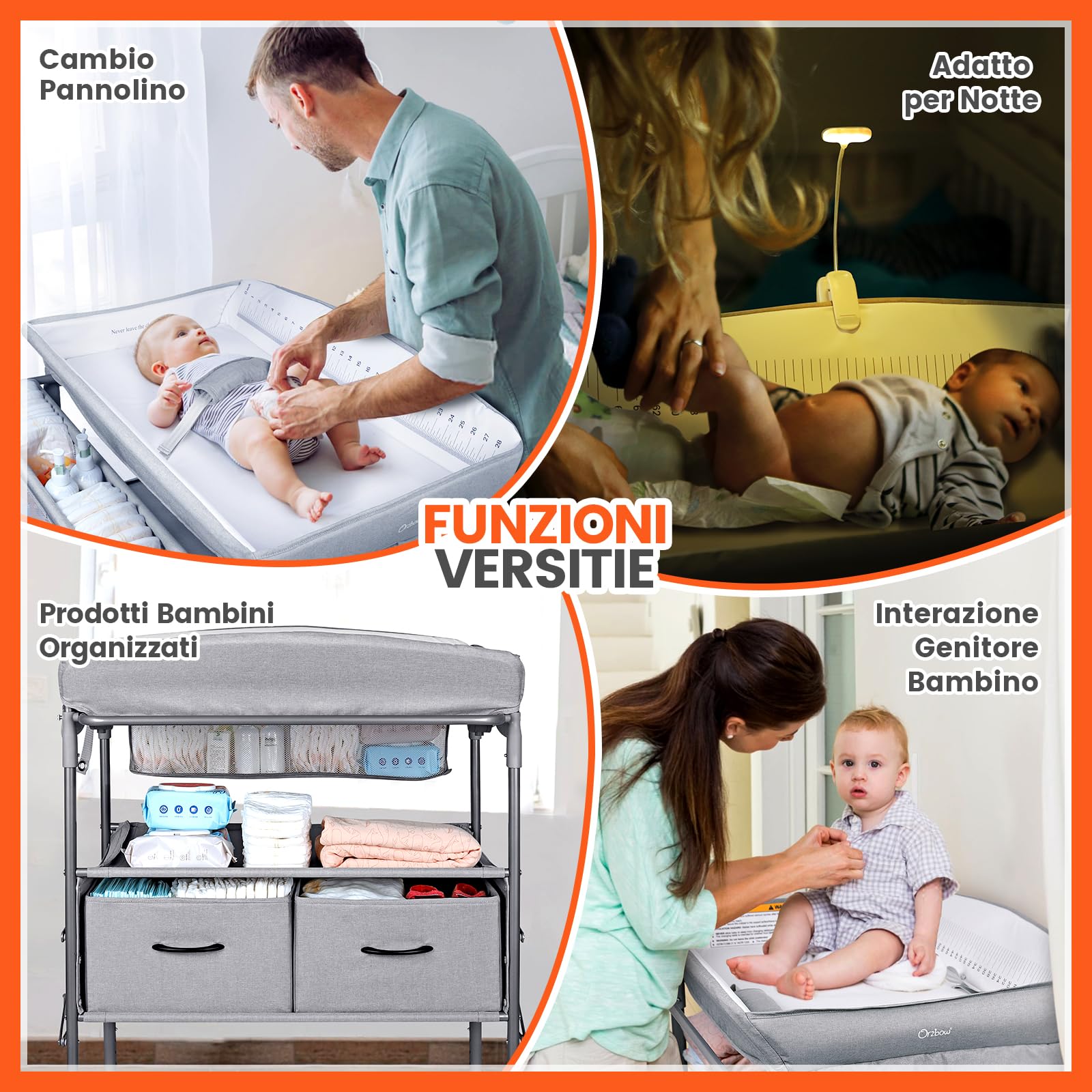 Orzbow Fasciatoio Neonato con Cassetto e Luce Notturna, Fasciatoio Pieghevole con Cinghia di Sicurezza e Regolabile in Altezza, Ampio Spazio di Archiviazione, Mobile Fasciatoio Neonato, Grigio