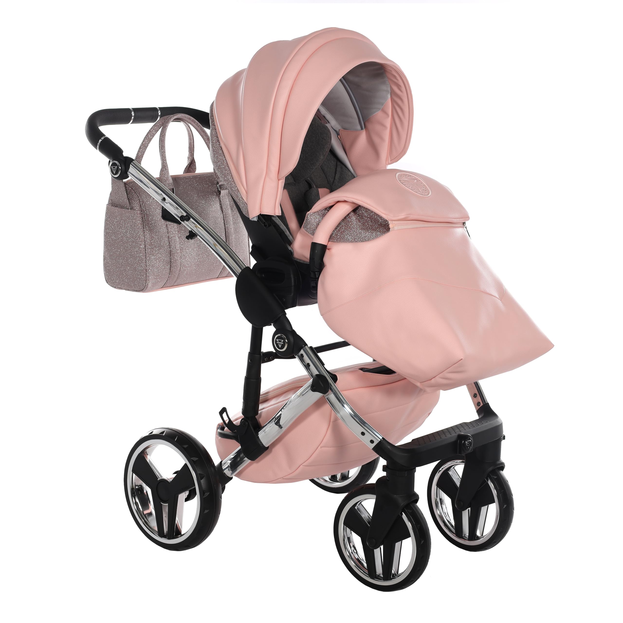 Junama Passeggino TRIO Hand Craft Glitter 01 Rosa e Argento - 2in1 3in1 4in1 + ombrellino (4 in 1 con Base ISOFIX)