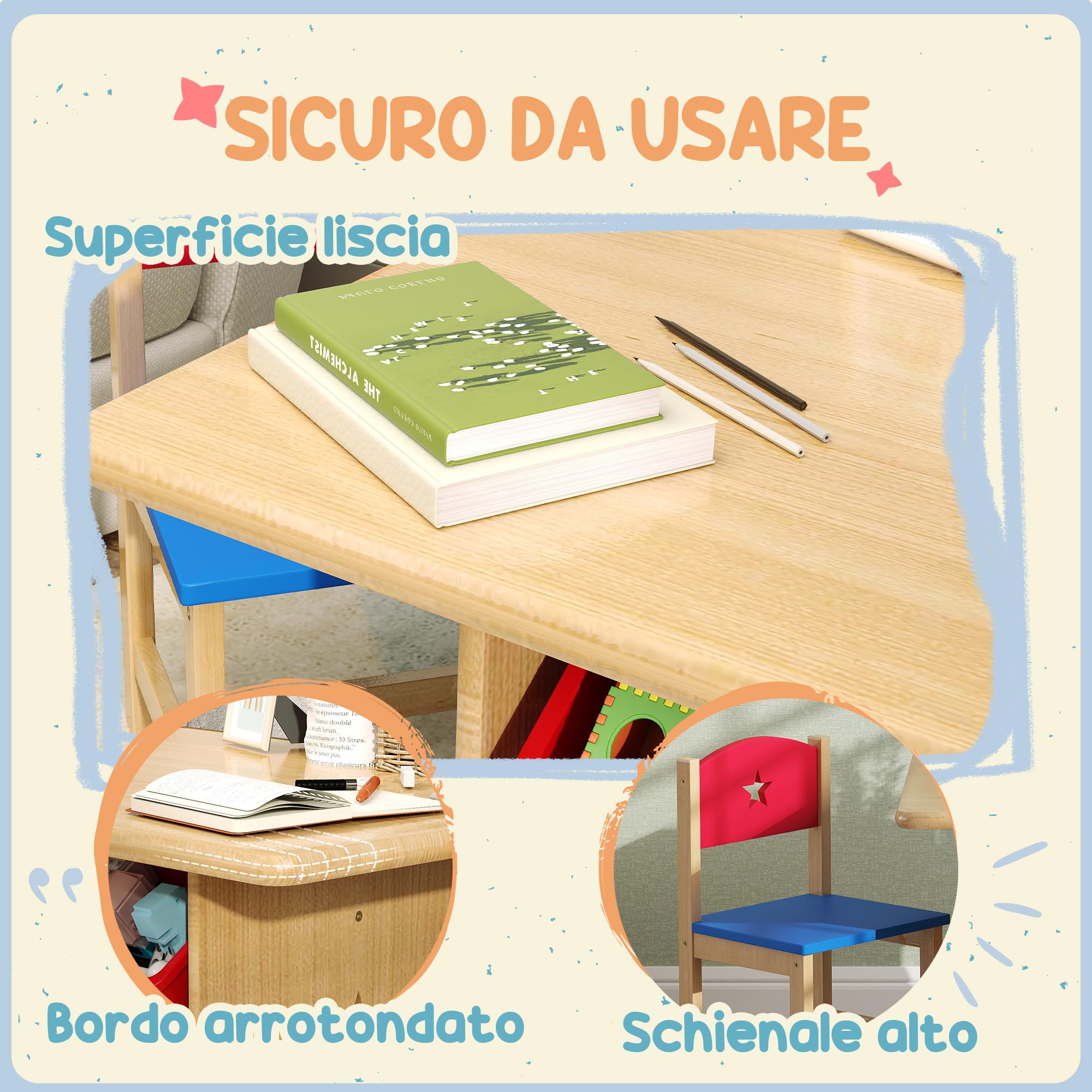 AIYAPLAY Set Tavolino e Sedie per Bambini 3-7 Anni, Tavolo per Bambini con 2 Sedie e 4 Contenitori Portaoggetti per Cameretta, in MDF e Legno di Pino, Color Legno
