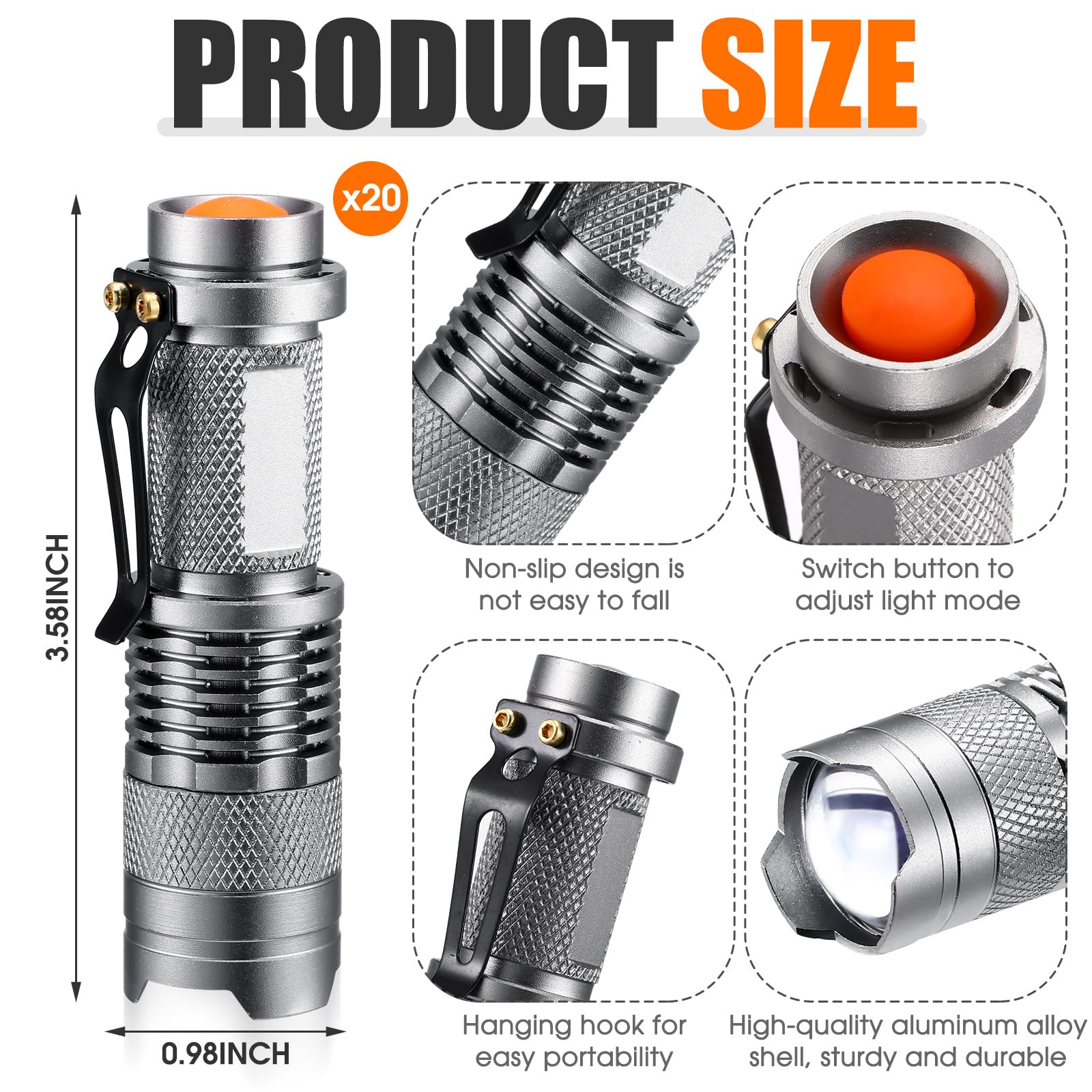 20 linternas LED mini 3 modos tácticas pequeñas resistentes al agua de bolsillo luz táctica foco ajustable con zoom linterna para interiores y exteriores (plata)