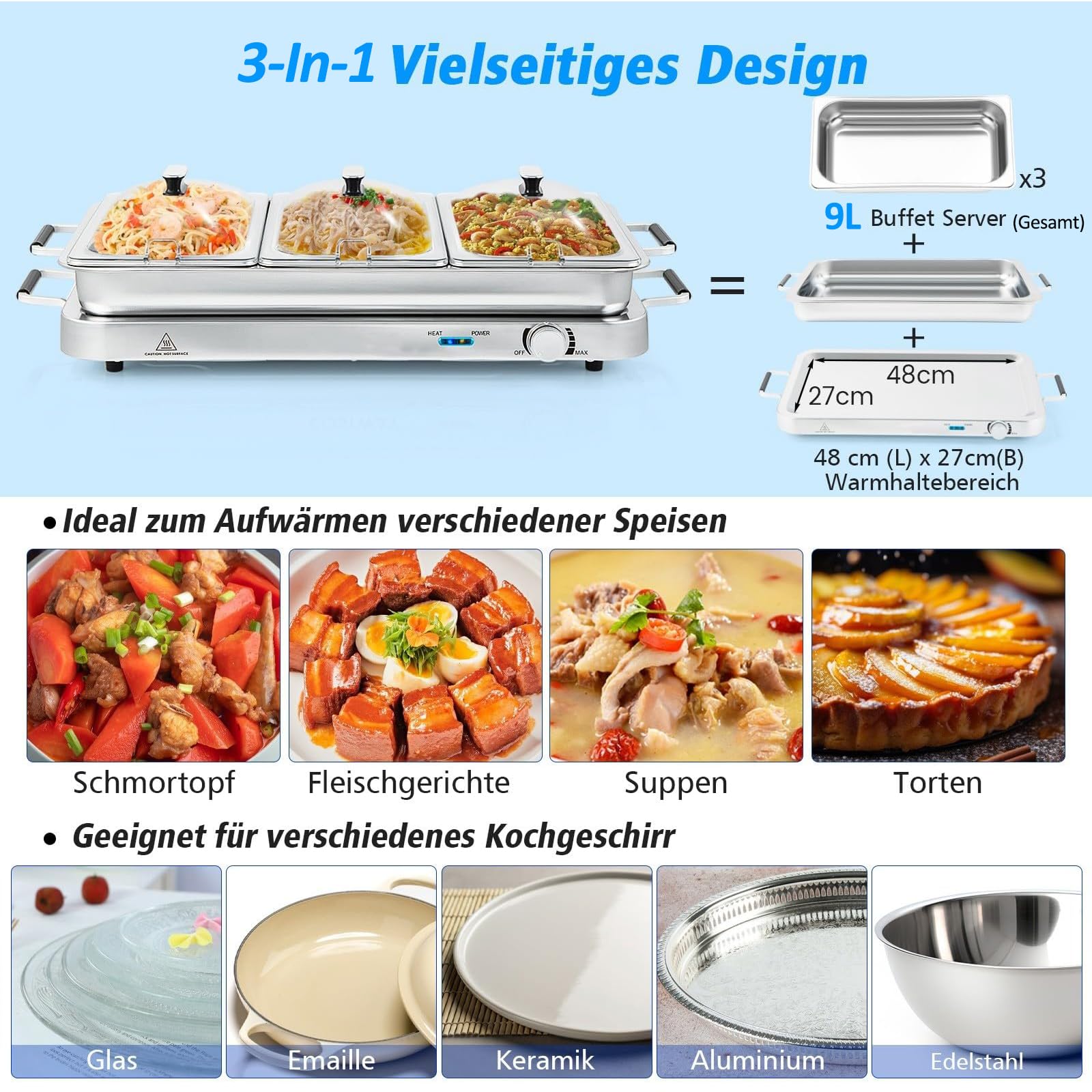 RELAX4LIFE 3 in 1 Warmhalteplatte 9L Elektrischer Warmhaltebehälter 450W Buffetwärmer Edelstahl 50-150°C
